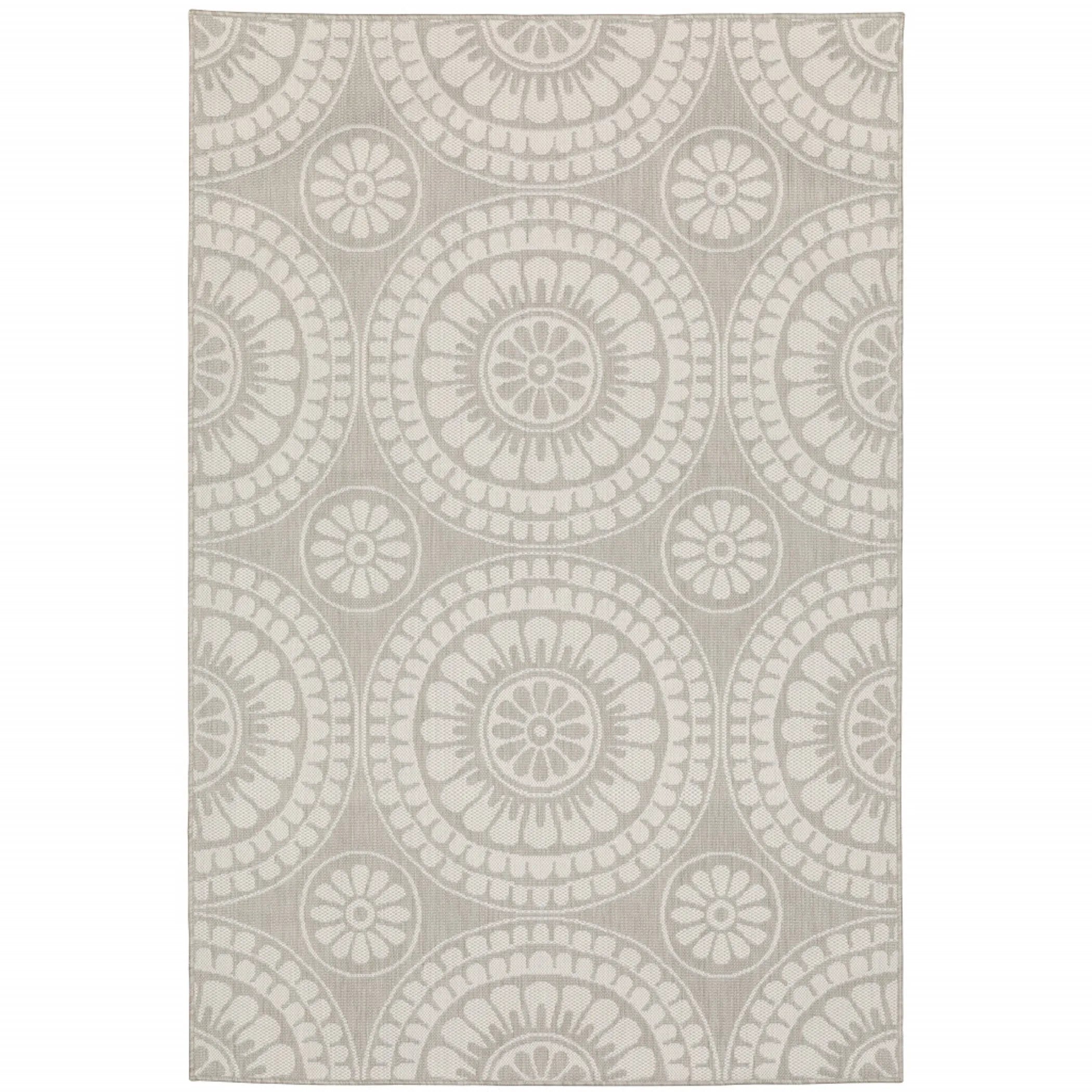 7′ X 9′ Gray and Ivory Geometric Stain Resistant Indoor Outdoor Area Rug