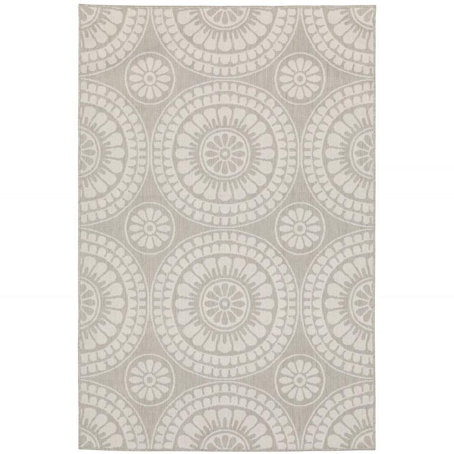 7′ X 9′ Gray and Ivory Geometric Stain Resistant Indoor Outdoor Area Rug