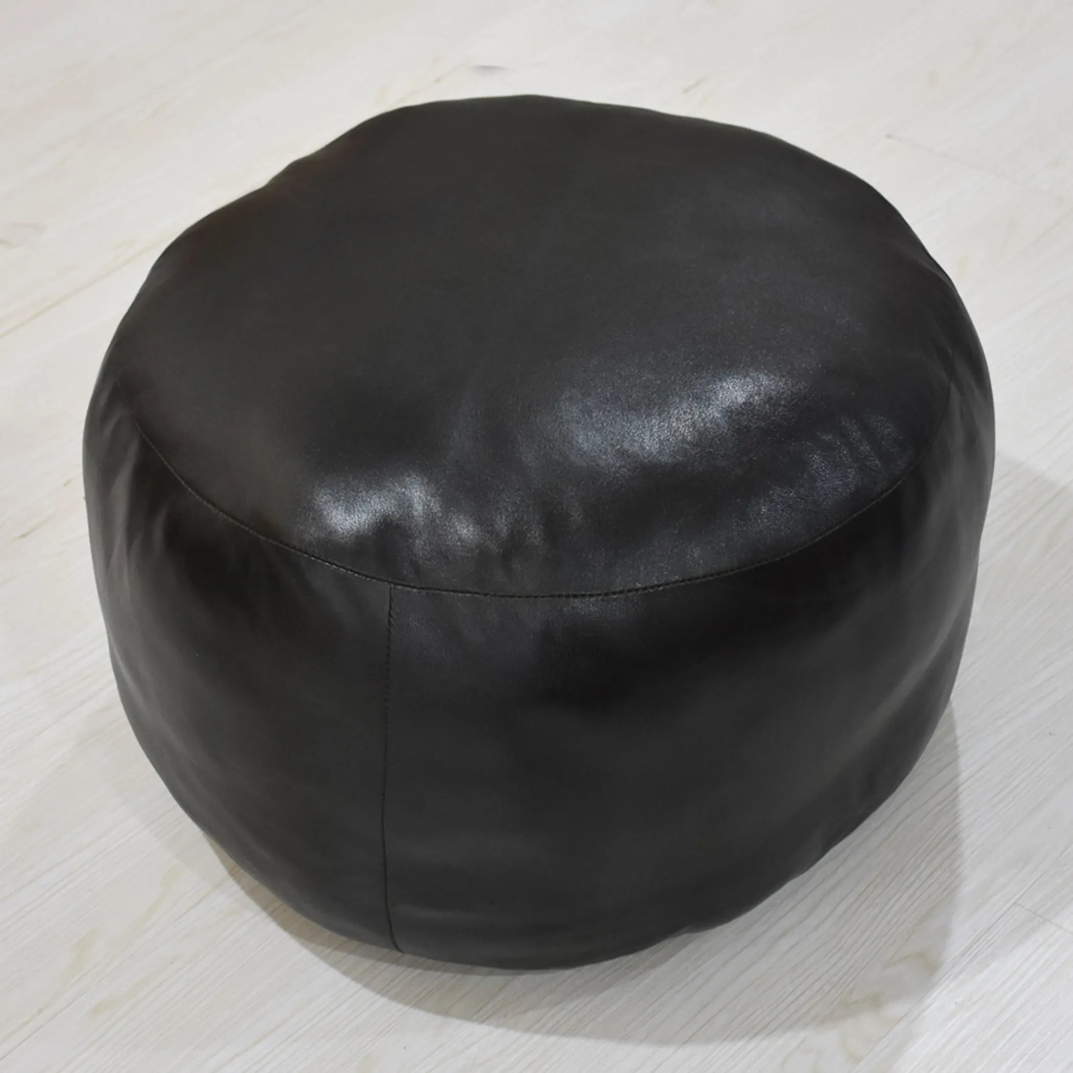 Solid Handmade Goat Leather Round Pouf (Recycled Cotton Fill) — view 3