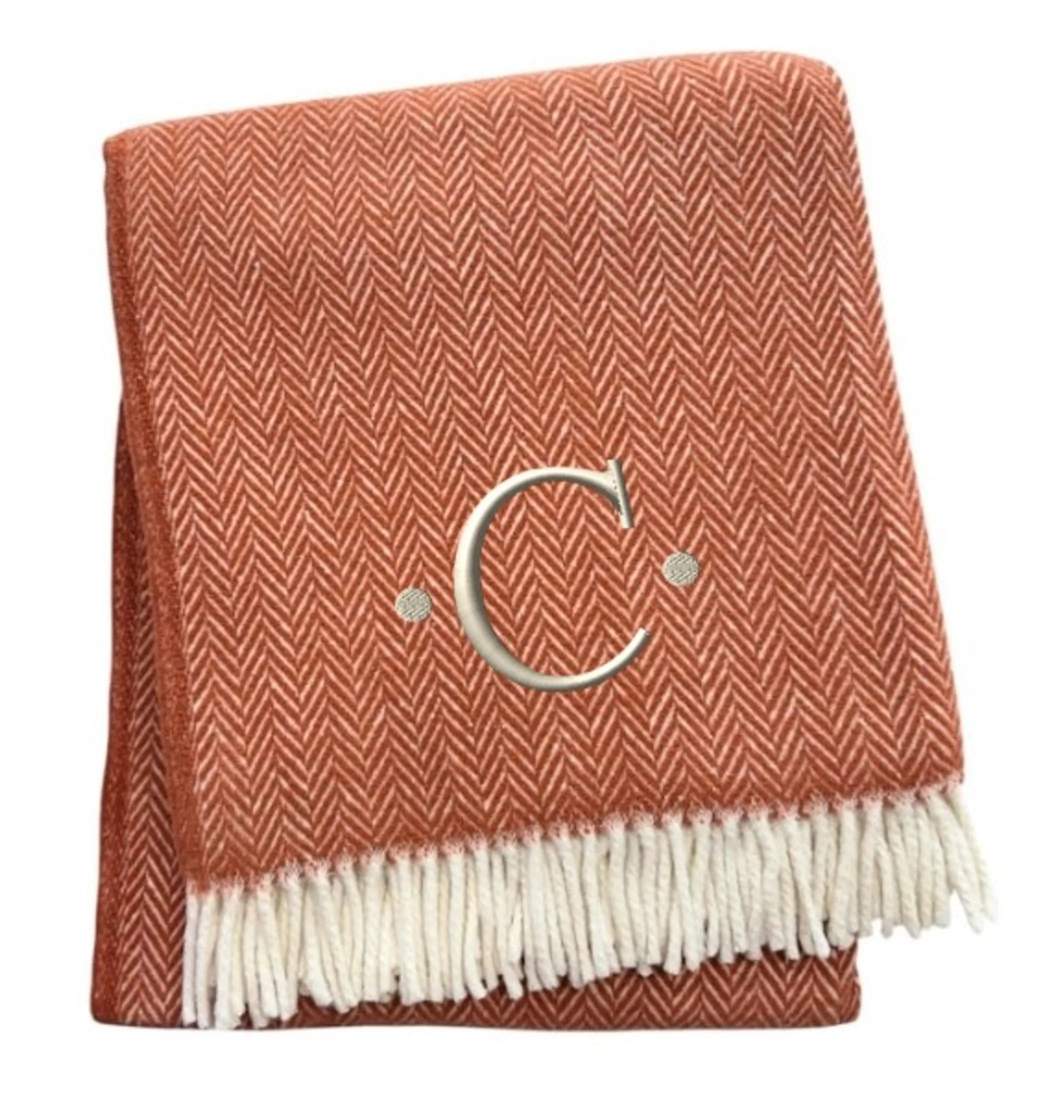 Herringbone Cotton Blend C Initial Throw Blanket with Tassels And Embroidery — view 3