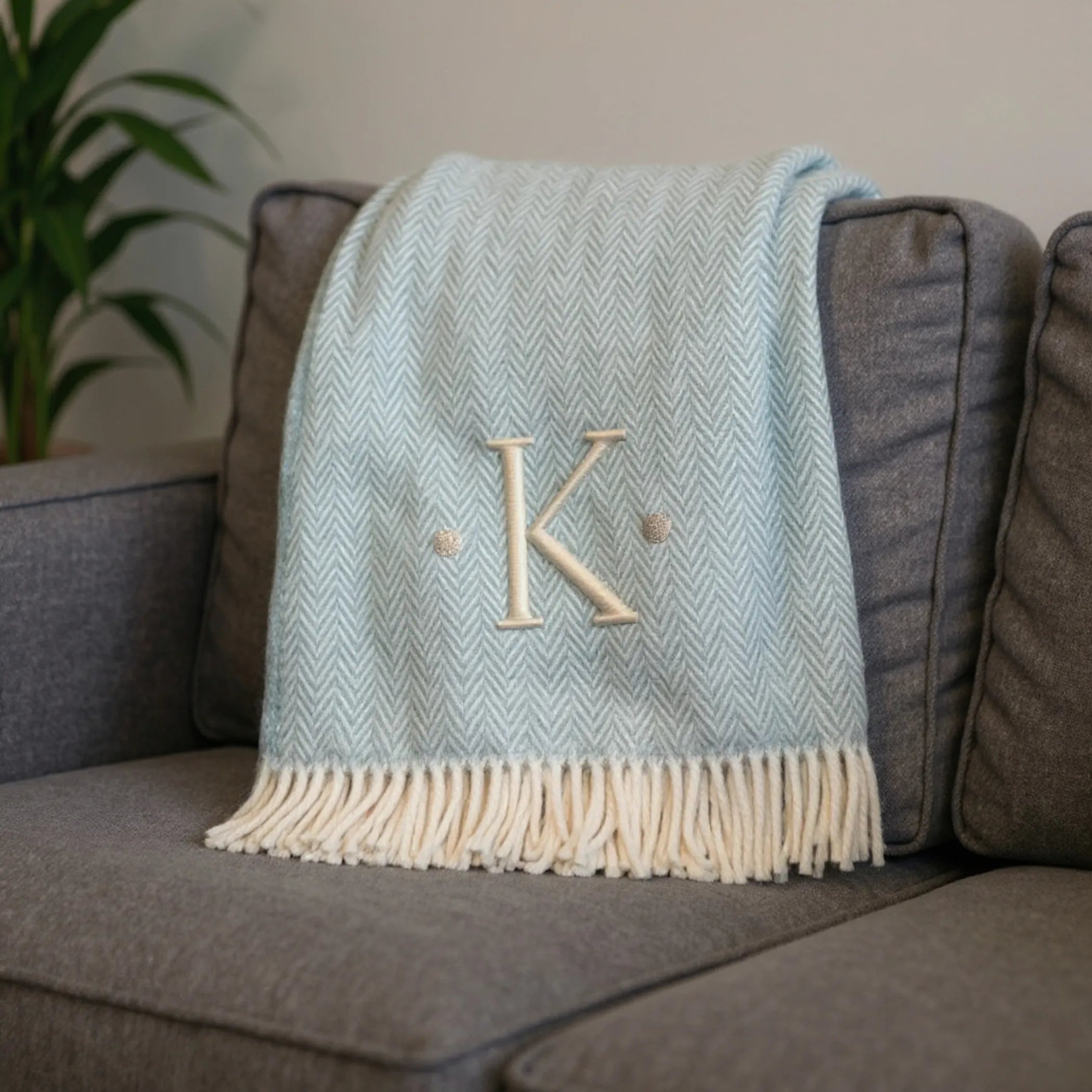 Herringbone Cotton Blend K Initial Throw Blanket with Tassels And Embroidery — view 2