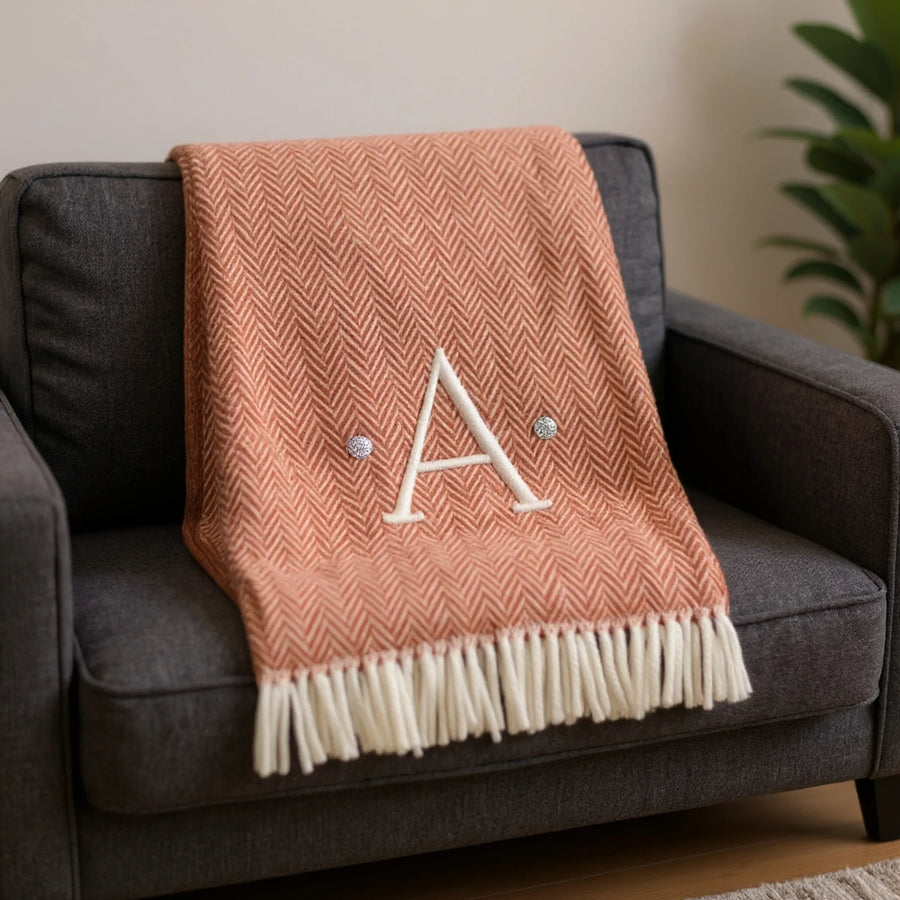 Herringbone Cotton Blend A Initial Throw Blanket with Tassels And Embroidery — view 2