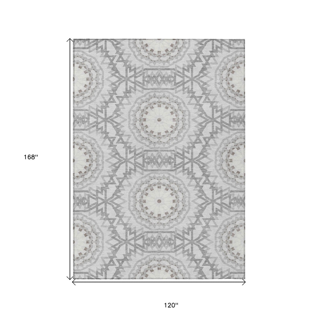 10′ X 14′ Silver Ivory And Gray Floral Medallion Washable Indoor Outdoor Area Rug — view 3