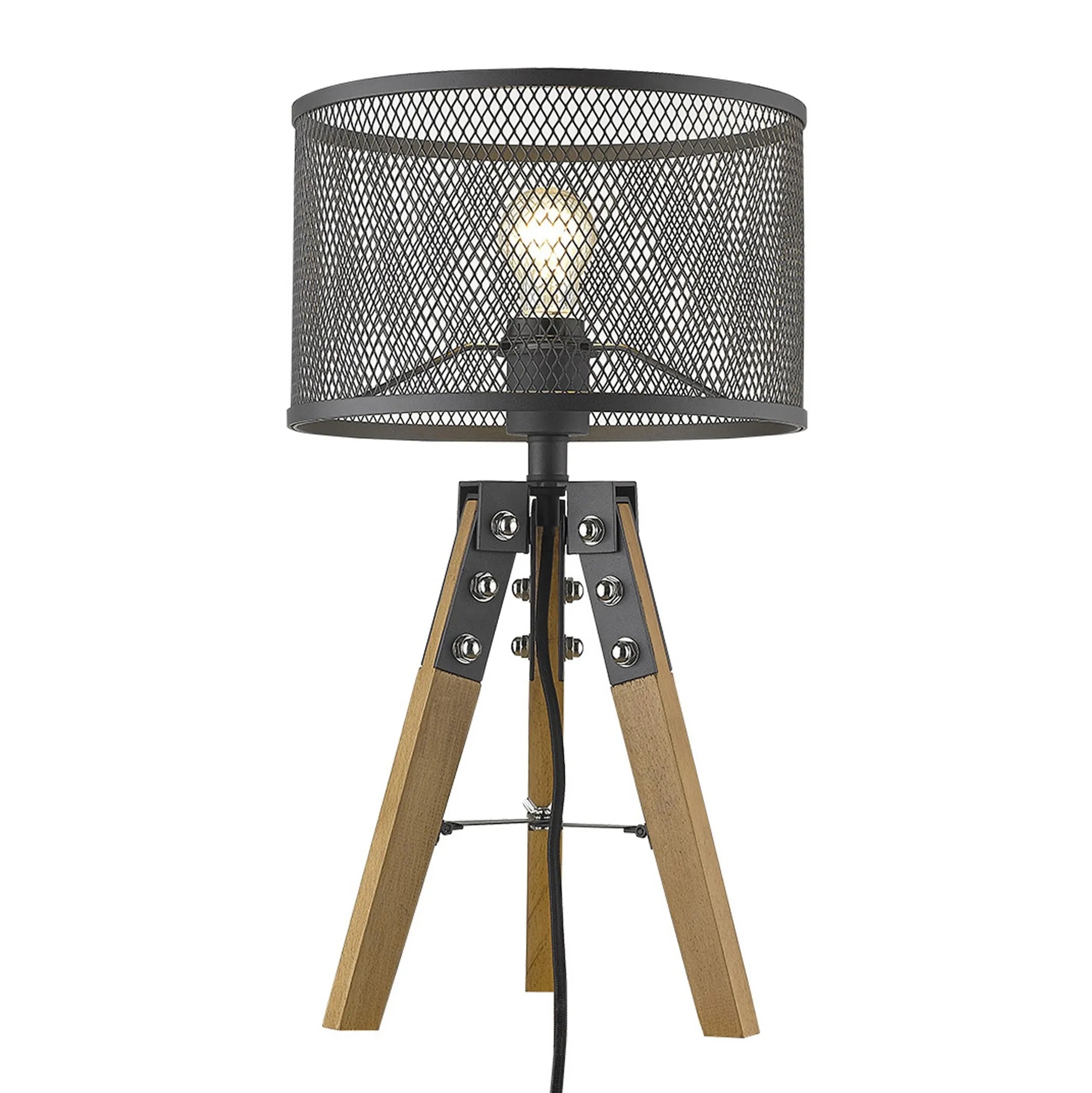20″ Brown Solid Wood Tripod Table Lamp With Black Drum Shade — view 3
