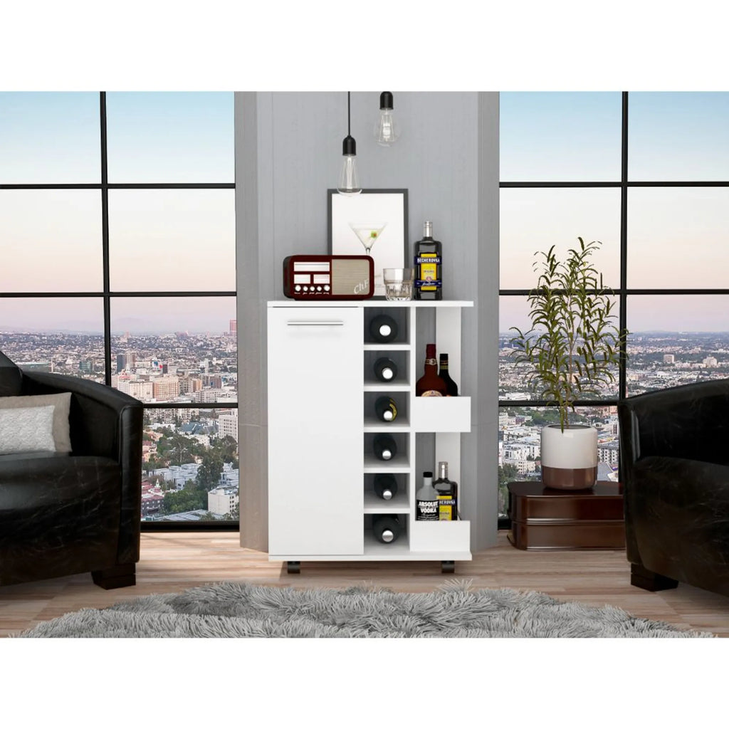 Bar Cart, Two External Shelves, Four Casters, Six Wine Cubbies, Single Door Cabinet — view 2