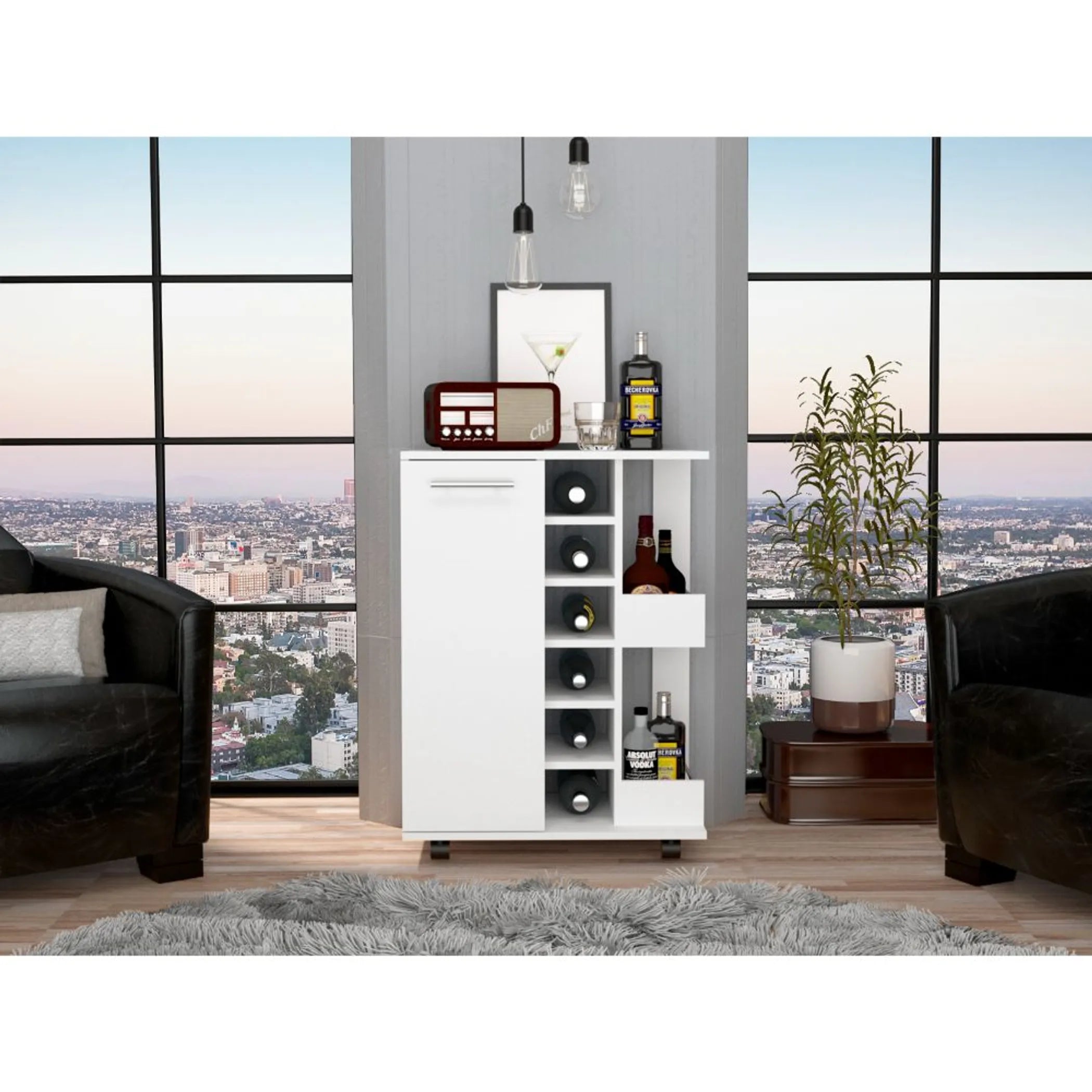 Bar Cart, Two External Shelves, Four Casters, Six Wine Cubbies, Single Door Cabinet — view 2