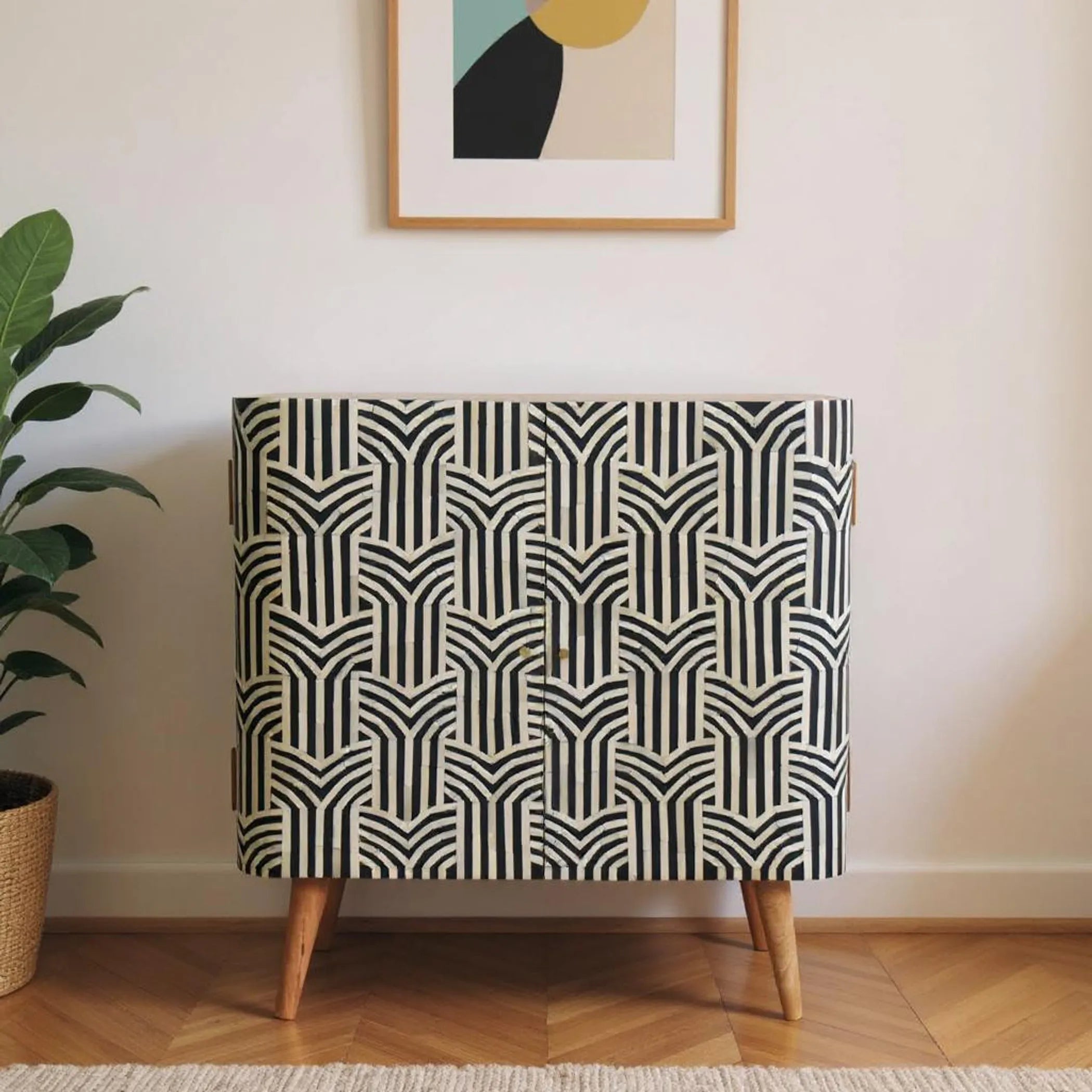 Solid Wood And Inlaid Bone Textured Accent Cabinet With Two Doors