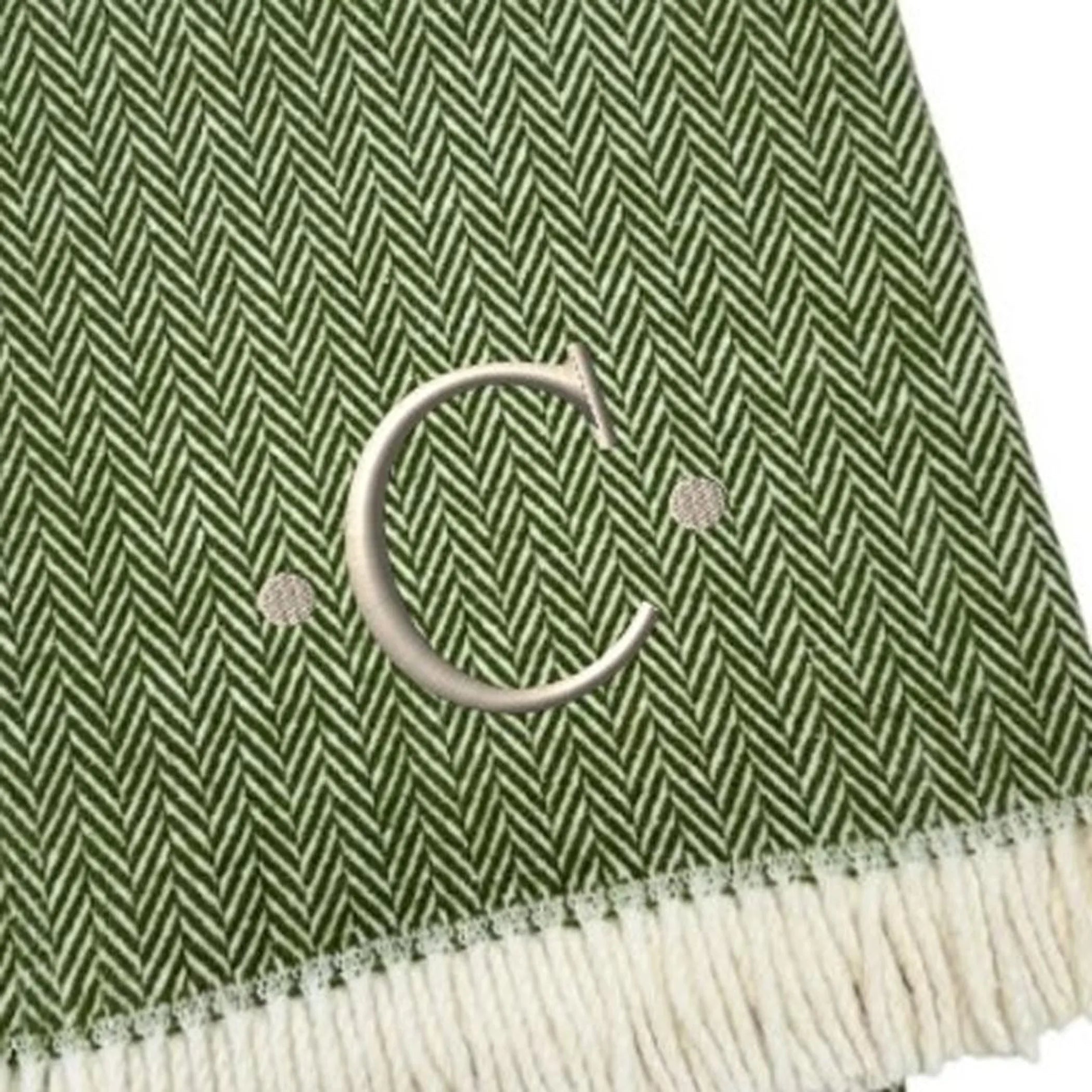 Herringbone Cotton Blend C Initial Throw Blanket with Tassels And Embroidery — view 4
