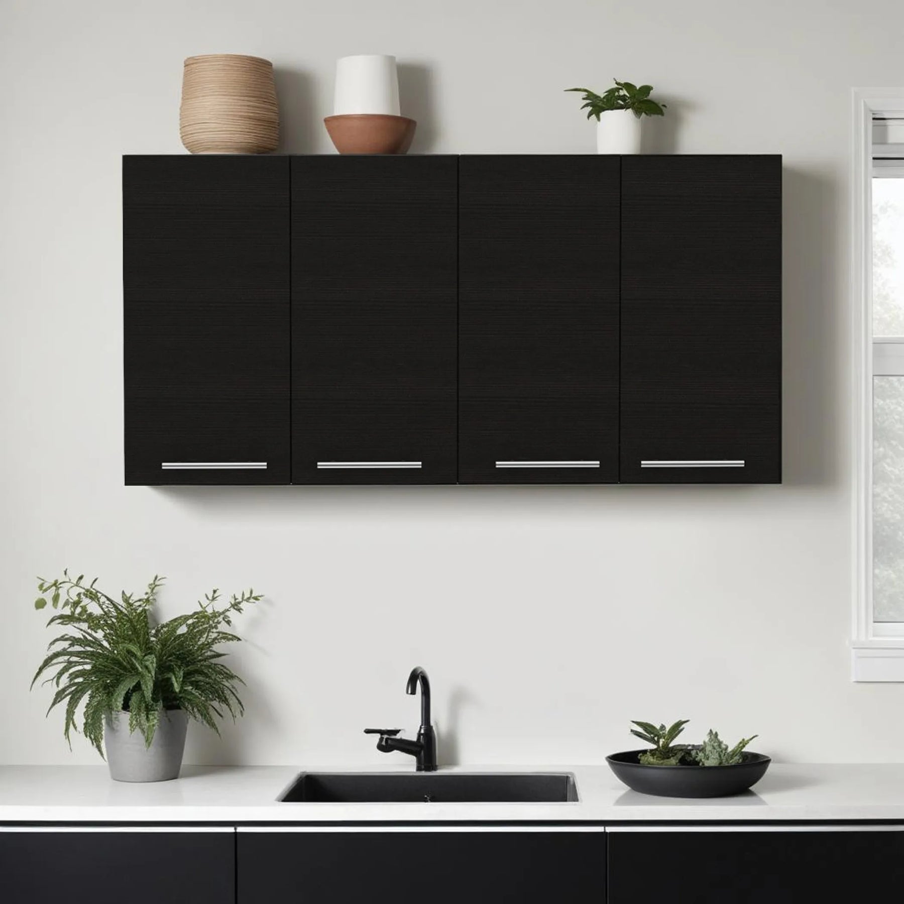 47″ Black Wood Wall Mounted Accent Cabinet With Four Doors