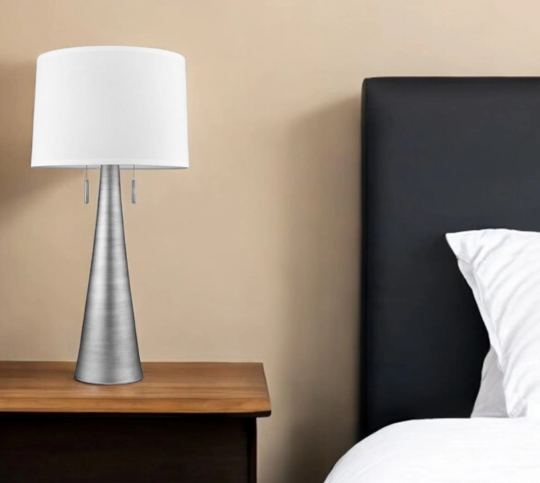 34″ Silver Metal Two Light Table Lamp With White Empire Shade
