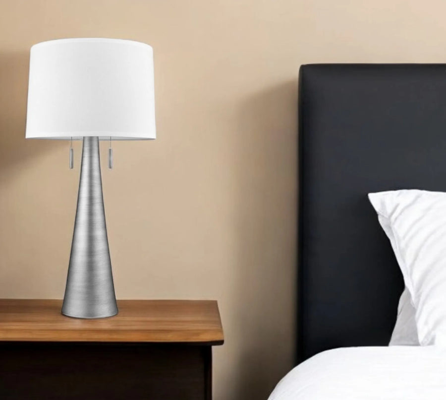 34″ Silver Metal Two Light Table Lamp With White Empire Shade