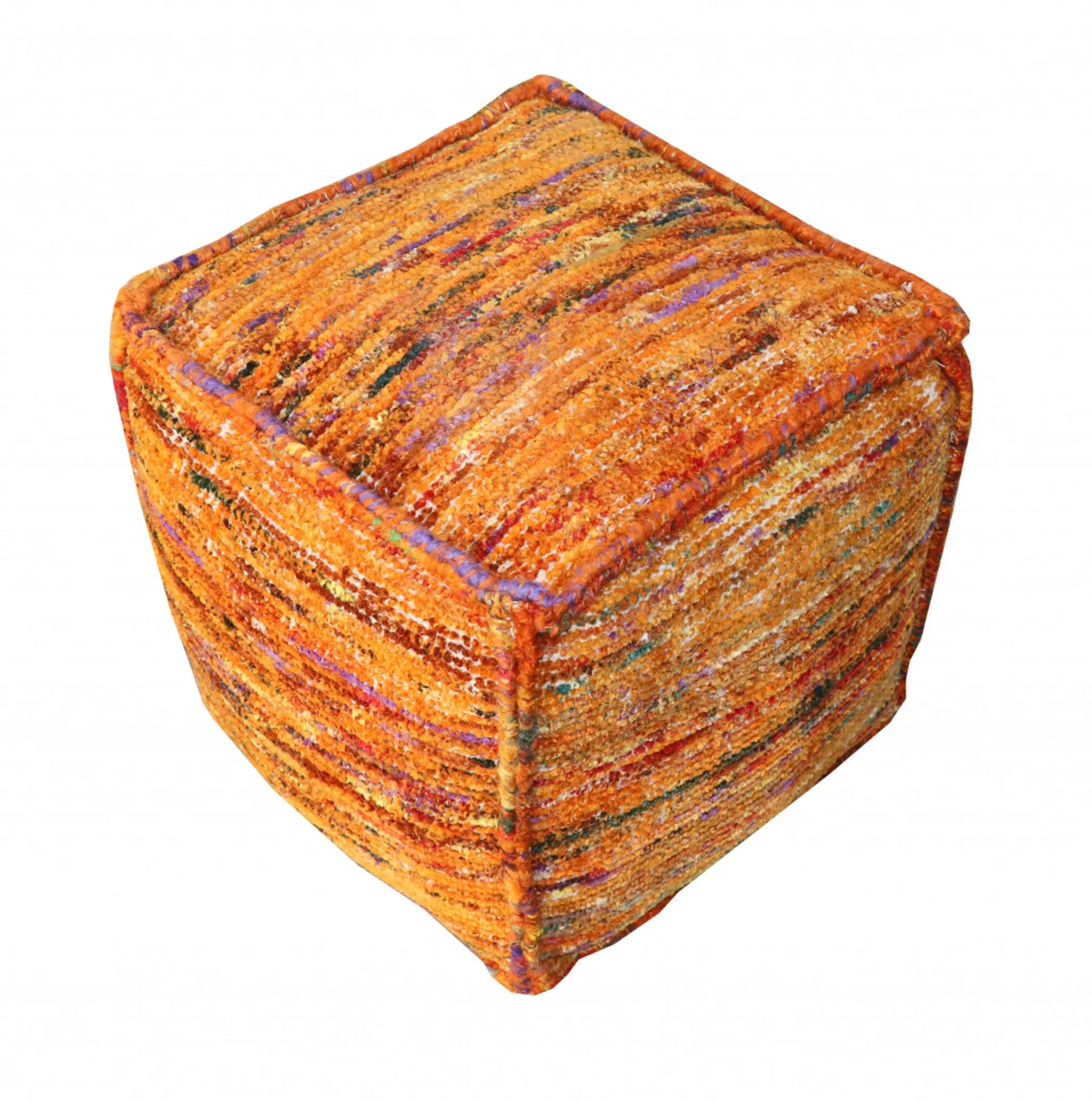18″ Orange Recycled Silk and Cotton Blend Cube Pouf Ottoman — view 2