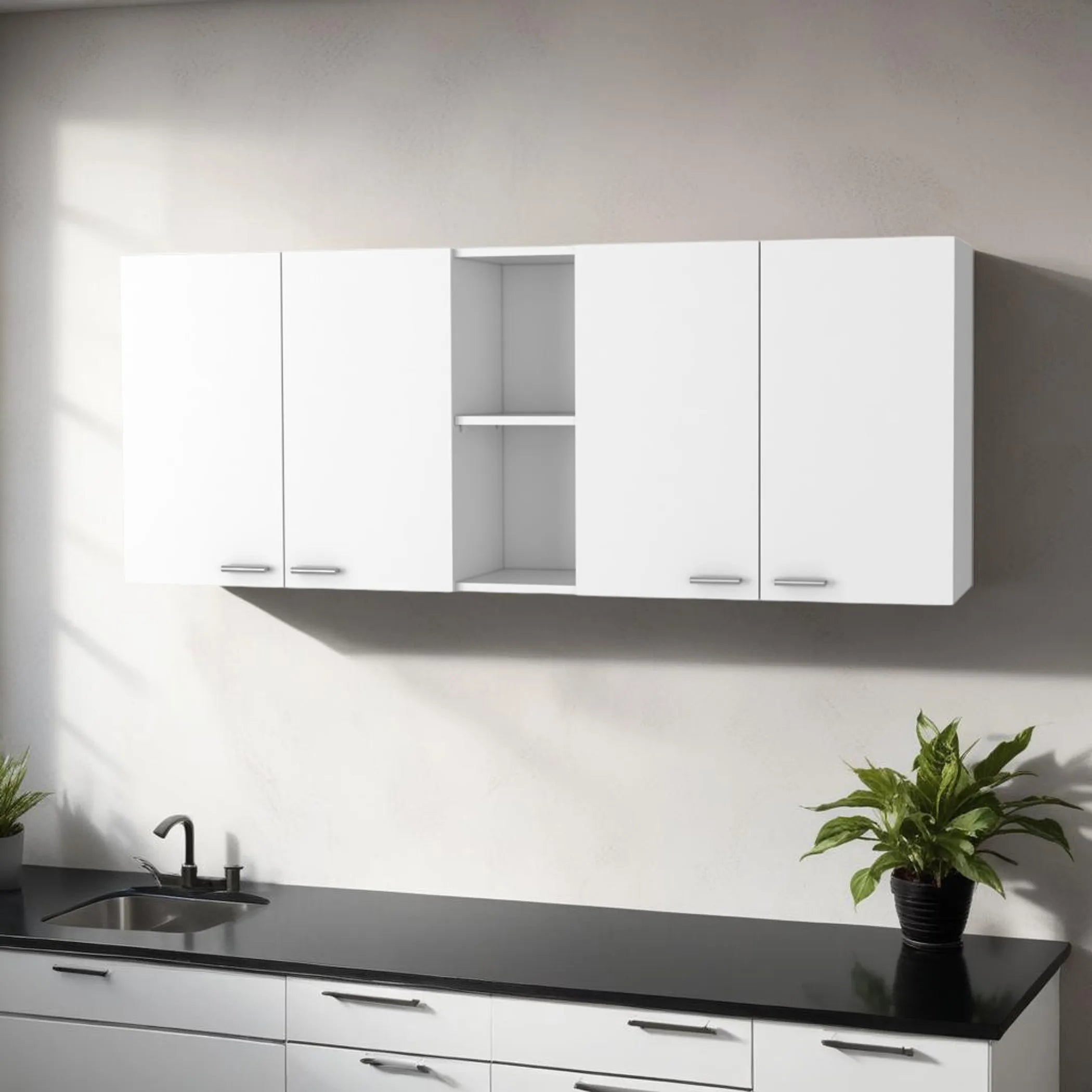 59″ White Wood Wall Mounted Accent Cabinet With Four Doors