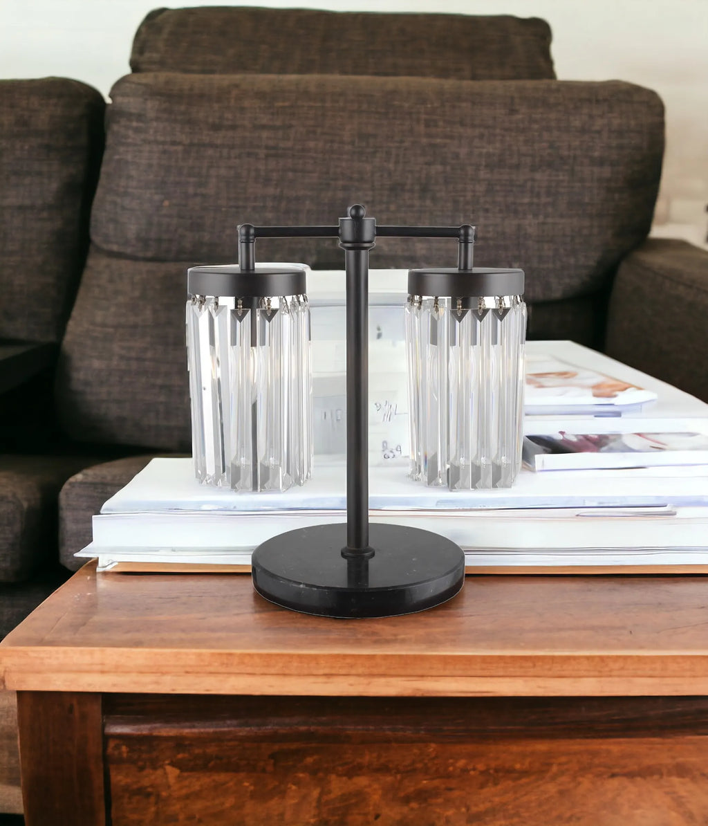 18″ Black Iron Two Light Cylinder Bedside Table Lamp With Clear Cylinder Shade — view 2