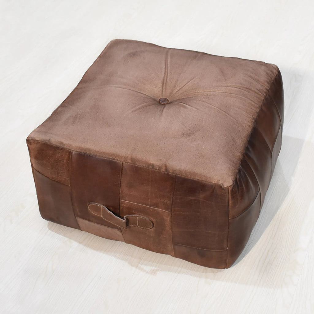 Solid Handmade Buffalo Leather Square Pouf (Recycled Foam with Fibre Fill) — view 4