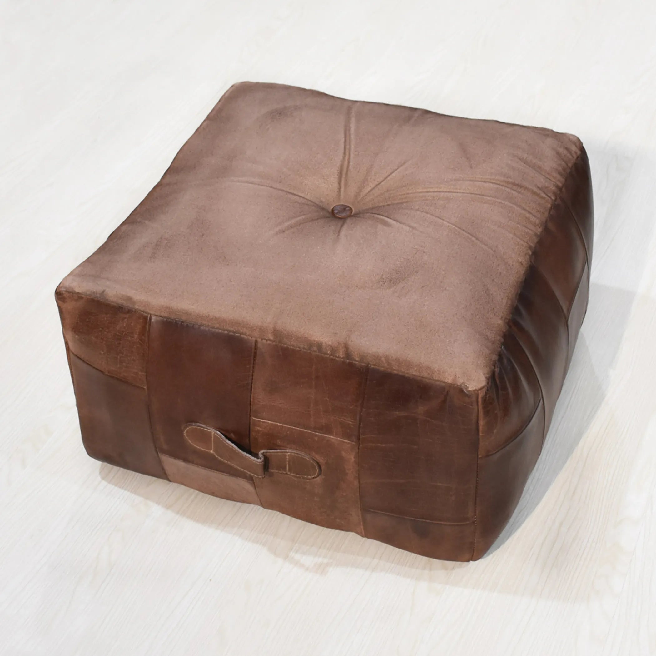 Solid Handmade Buffalo Leather Square Pouf (Recycled Foam with Fibre Fill) — view 4