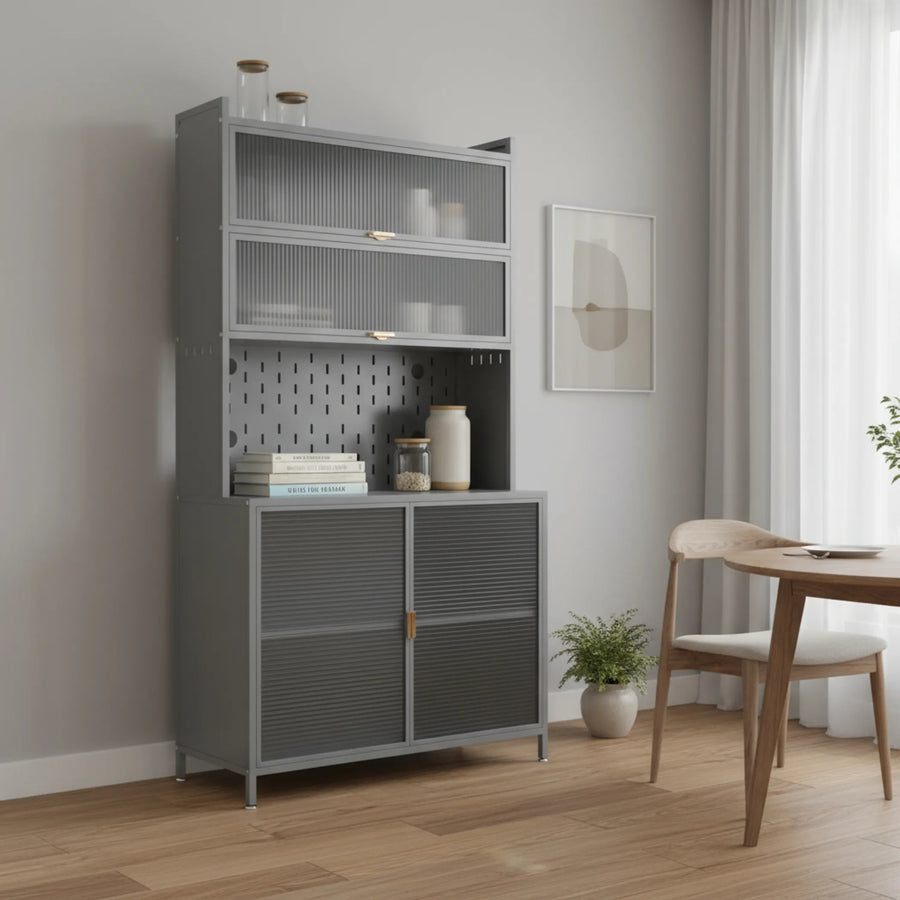 Stainless Steel Textured Door Dining Hutch With Two Doors