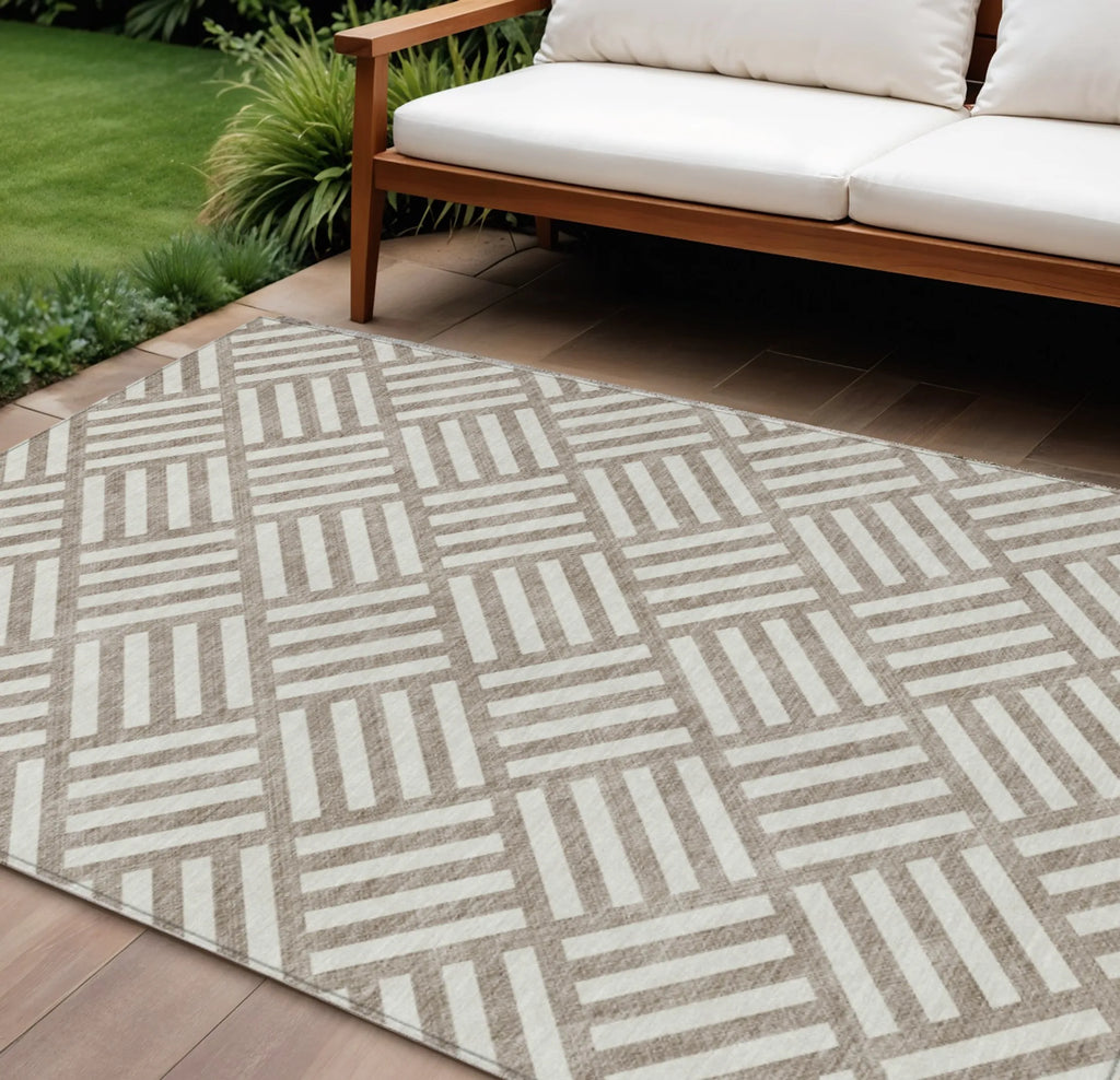 10′ X 14′ Taupe And Ivory Geometric Washable Indoor Outdoor Area Rug