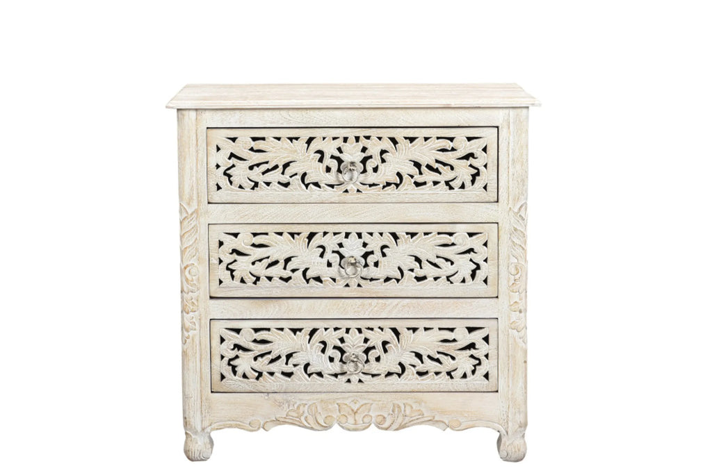 30″ White Solid Wood Distressed Three Drawer Nightstand — view 2