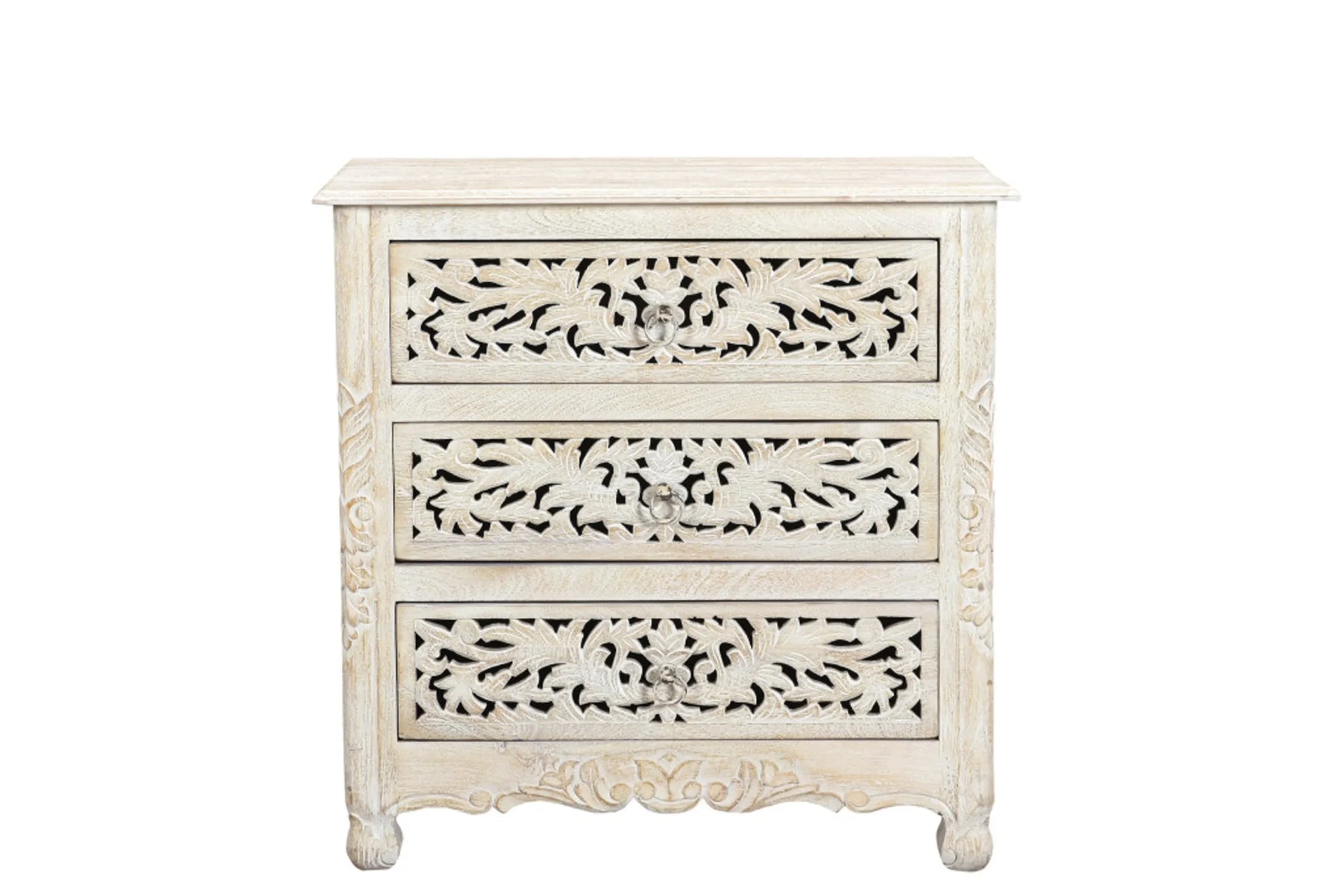 30″ White Solid Wood Distressed Three Drawer Nightstand — view 2
