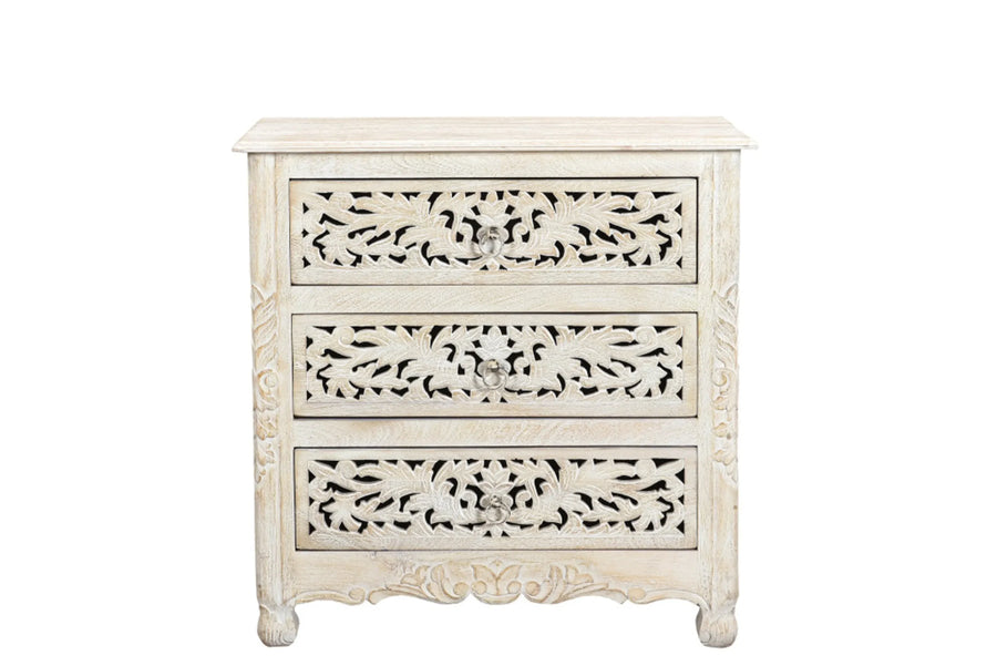 30″ White Solid Wood Distressed Three Drawer Nightstand — view 2