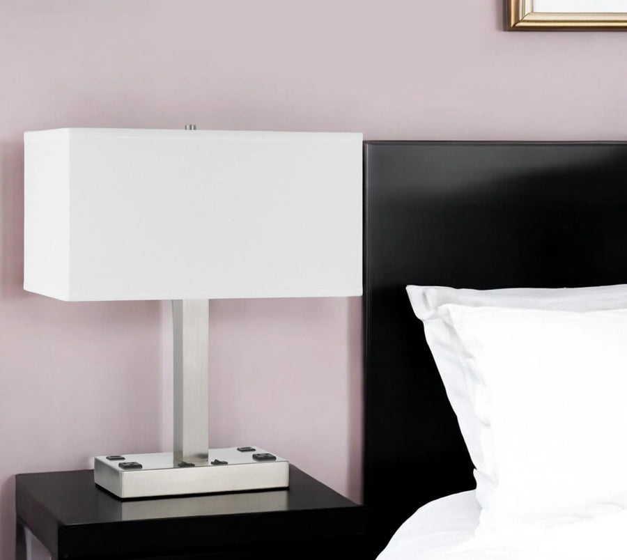 21″ Nickel Metal Two Light Desk USB Table Lamp With White Shade