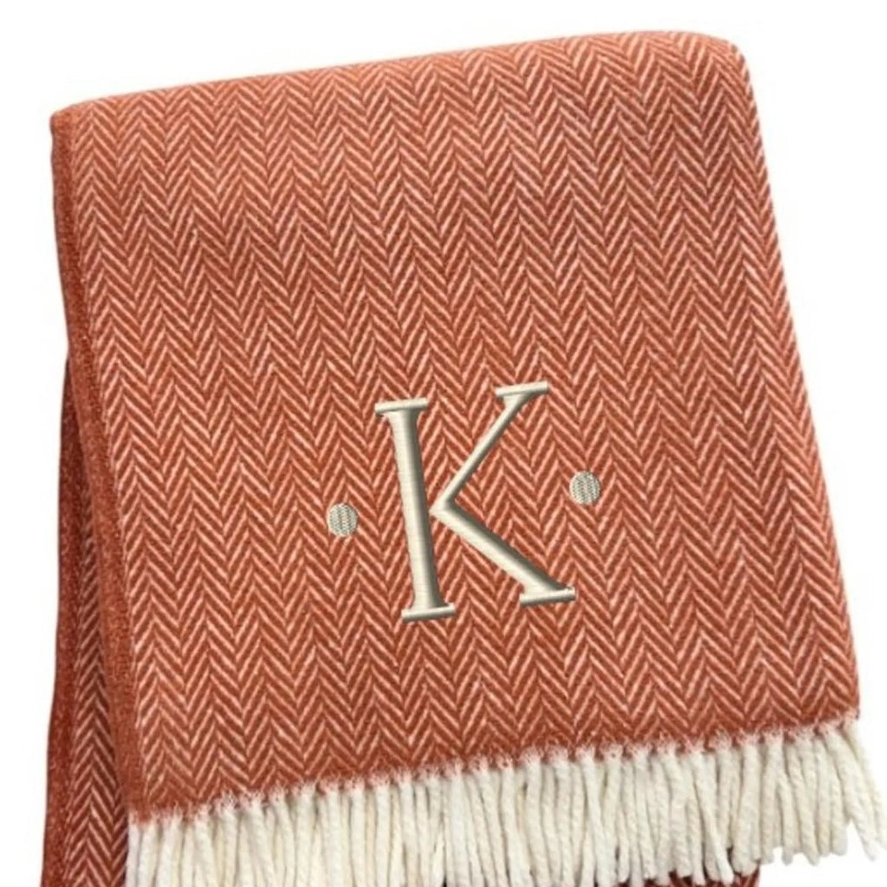 Herringbone Cotton Blend K Initial Throw Blanket with Tassels And Embroidery — view 4