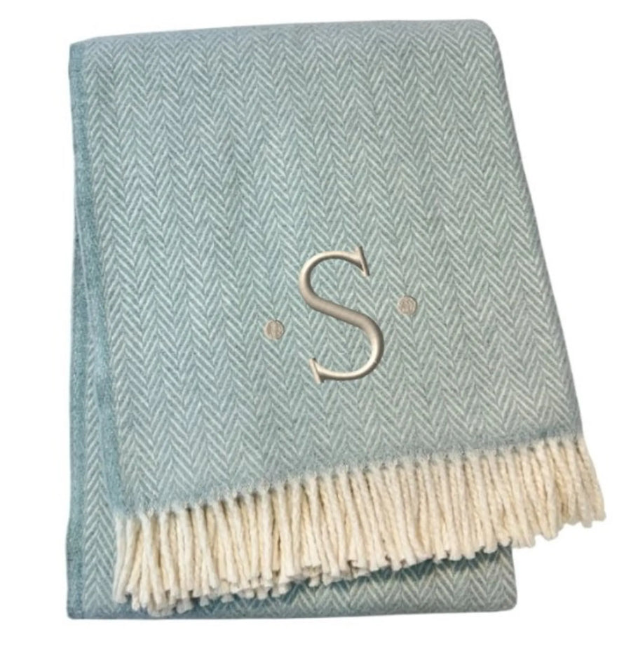 Herringbone Cotton Blend S Initial Throw Blanket with Tassels And Embroidery