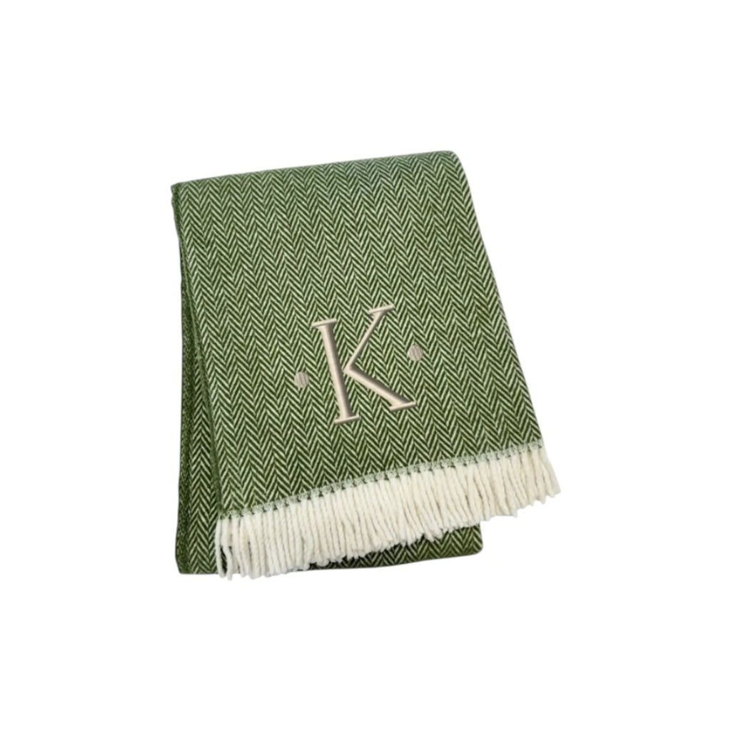 Herringbone Cotton Blend K Initial Throw Blanket with Tassels And Embroidery