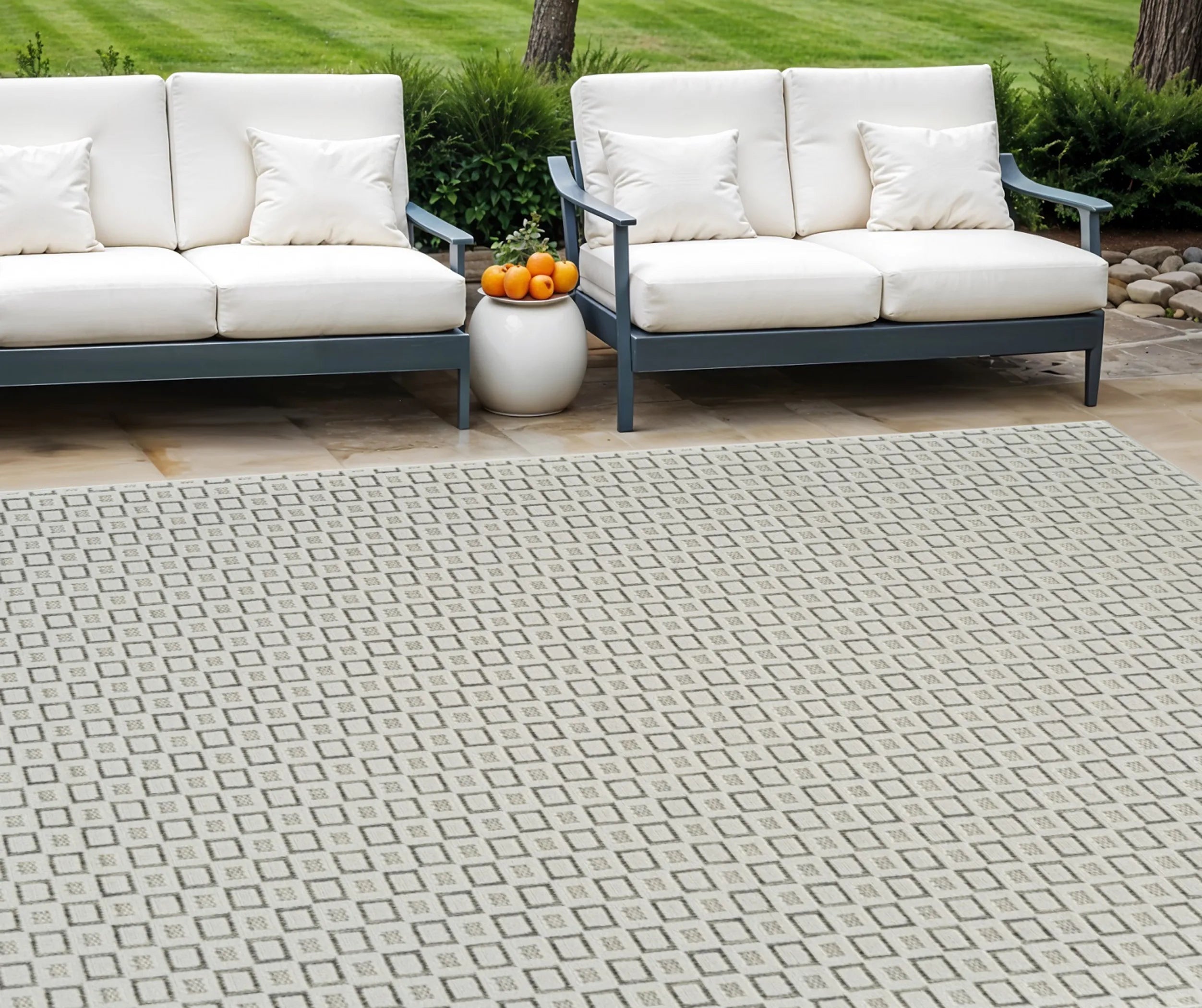 6′ X 9′ Cream and Beige Geometric Distressed Indoor Outdoor Area Rug
