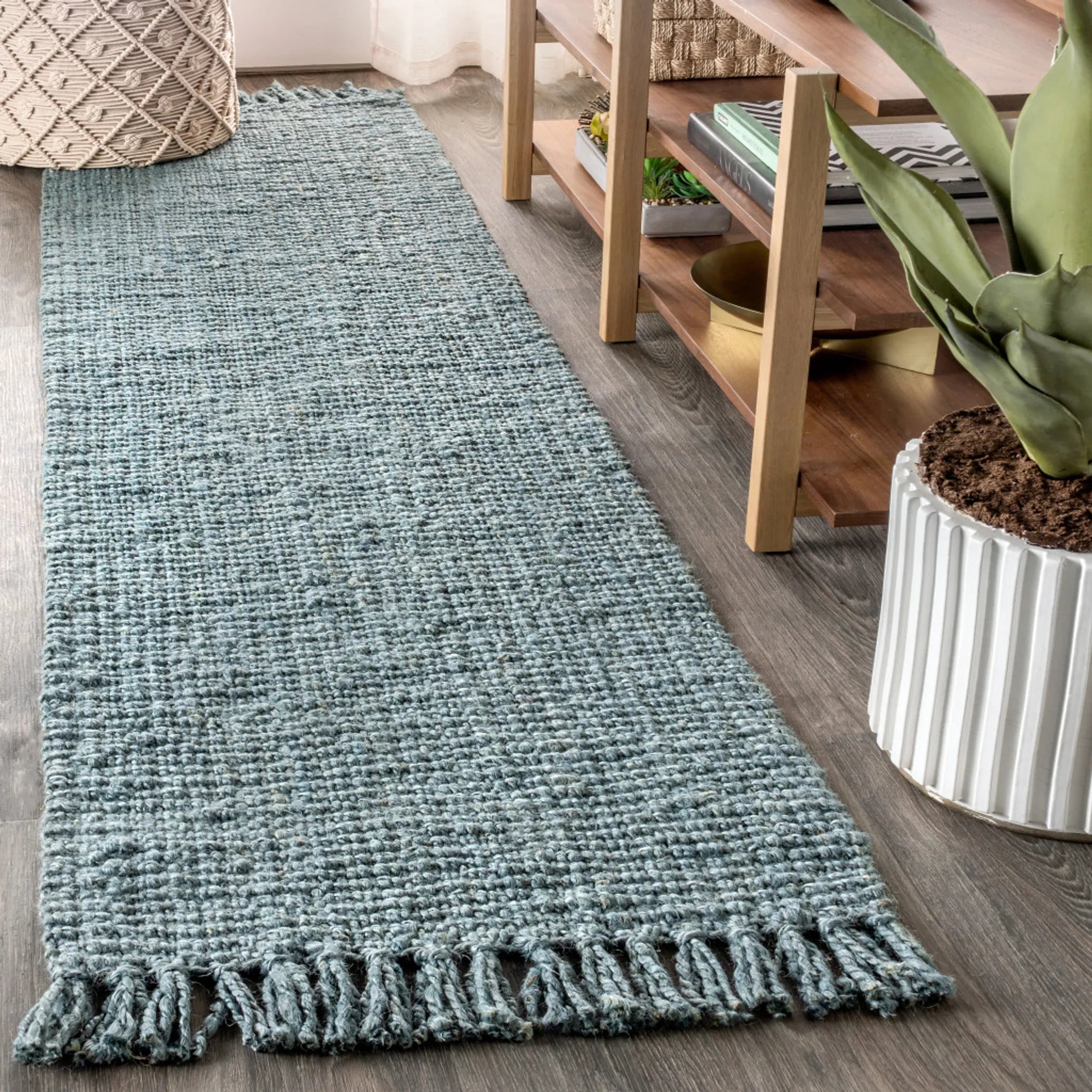 18′ Light Blue Jute Handmade Runner Rug With Fringe — view 3