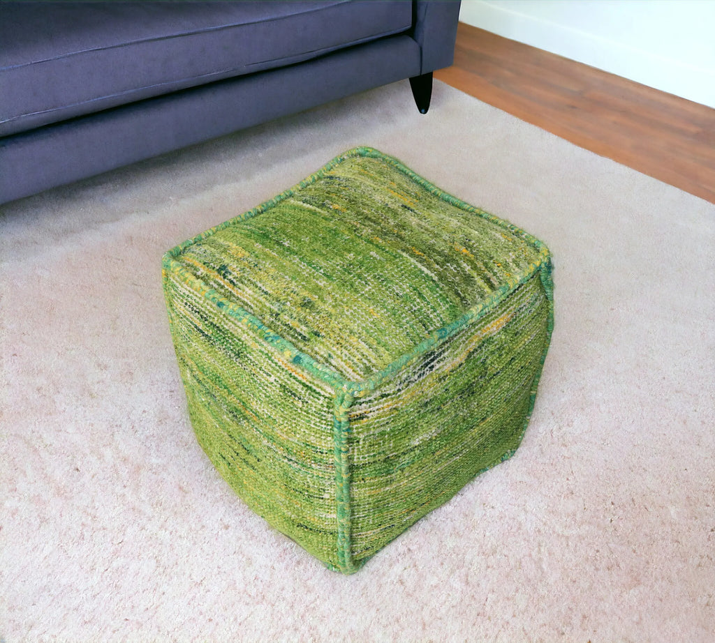 18″ Green Recycled Silk and Cotton Blend Cube Pouf Ottoman