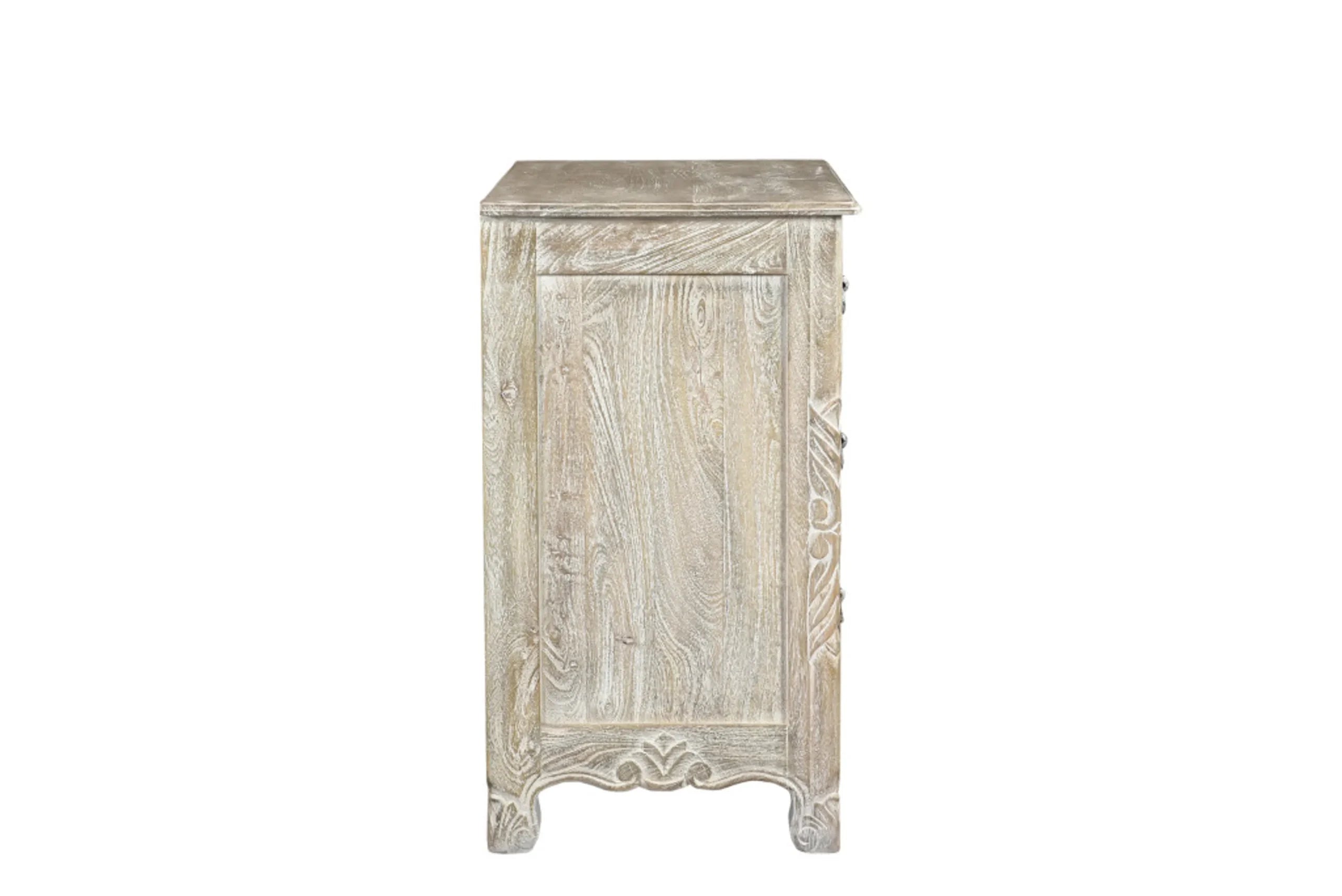 30″ Distressed Gray Three Drawer Floral Carved Solid Wood Nightstand — view 4