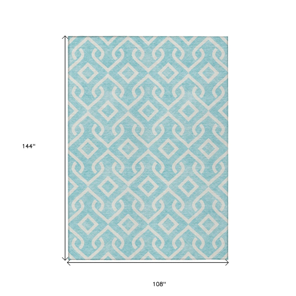 9′ X 12′ Aqua And Ivory Geometric Washable Indoor Outdoor Area Rug — view 3