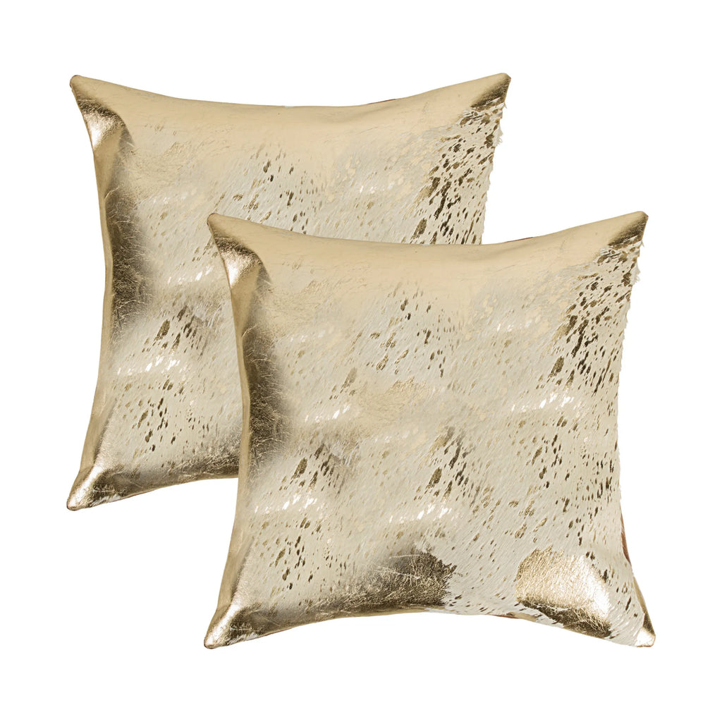 Set of Two 18″ Natural and Gold Abstract Cowhide Throw Pillows with Glitter — view 4