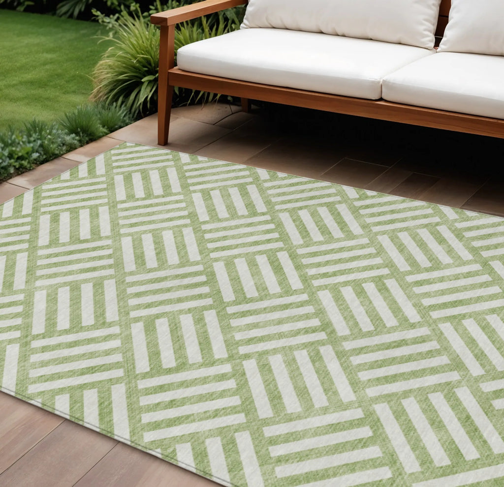 10′ X 14′ Artichoke Green And Ivory Geometric Washable Indoor Outdoor Area Rug