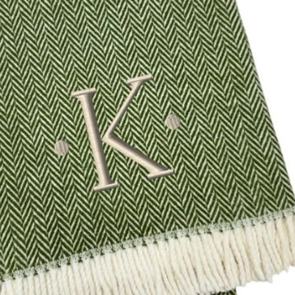 Herringbone Cotton Blend K Initial Throw Blanket with Tassels And Embroidery — view 4