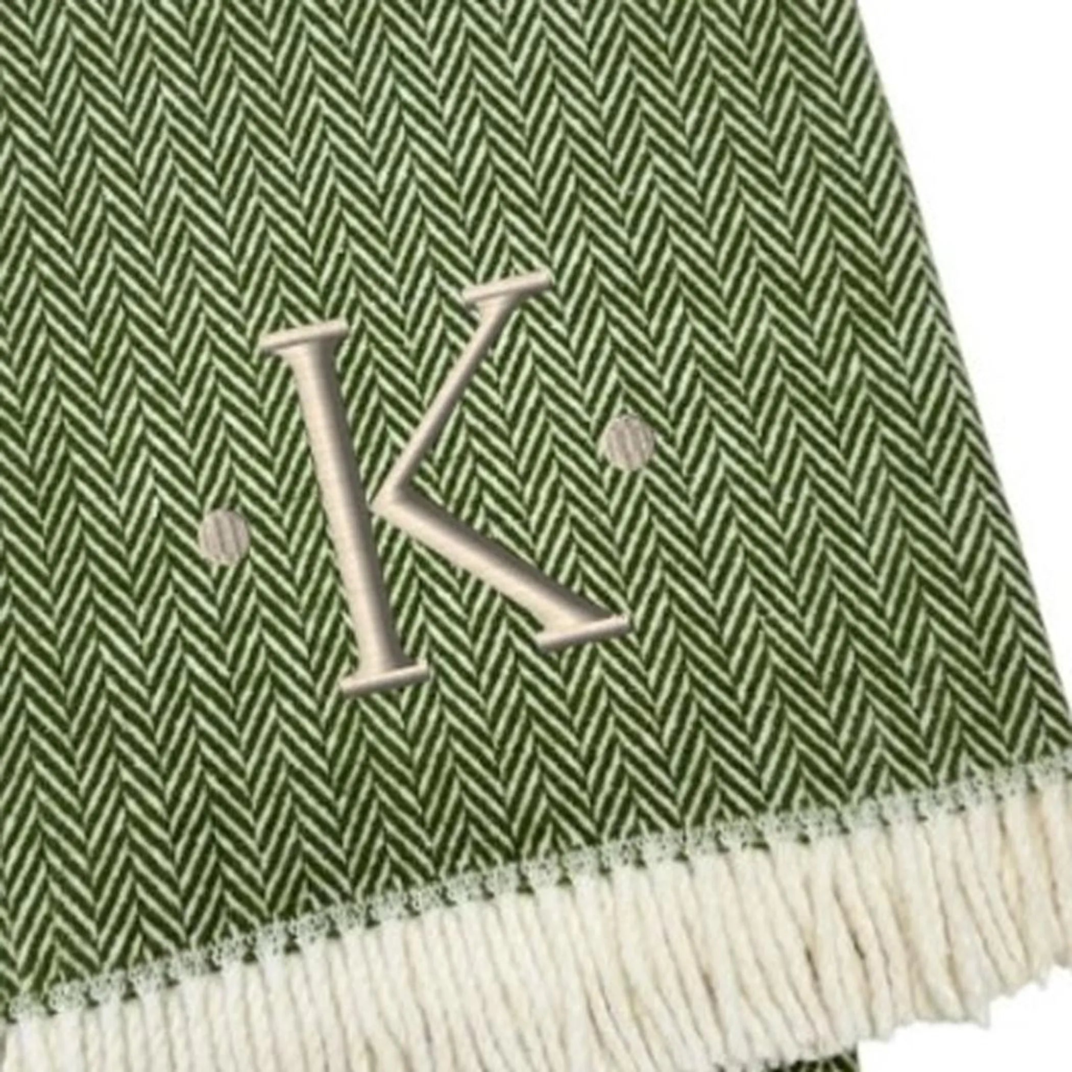Herringbone Cotton Blend K Initial Throw Blanket with Tassels And Embroidery — view 4