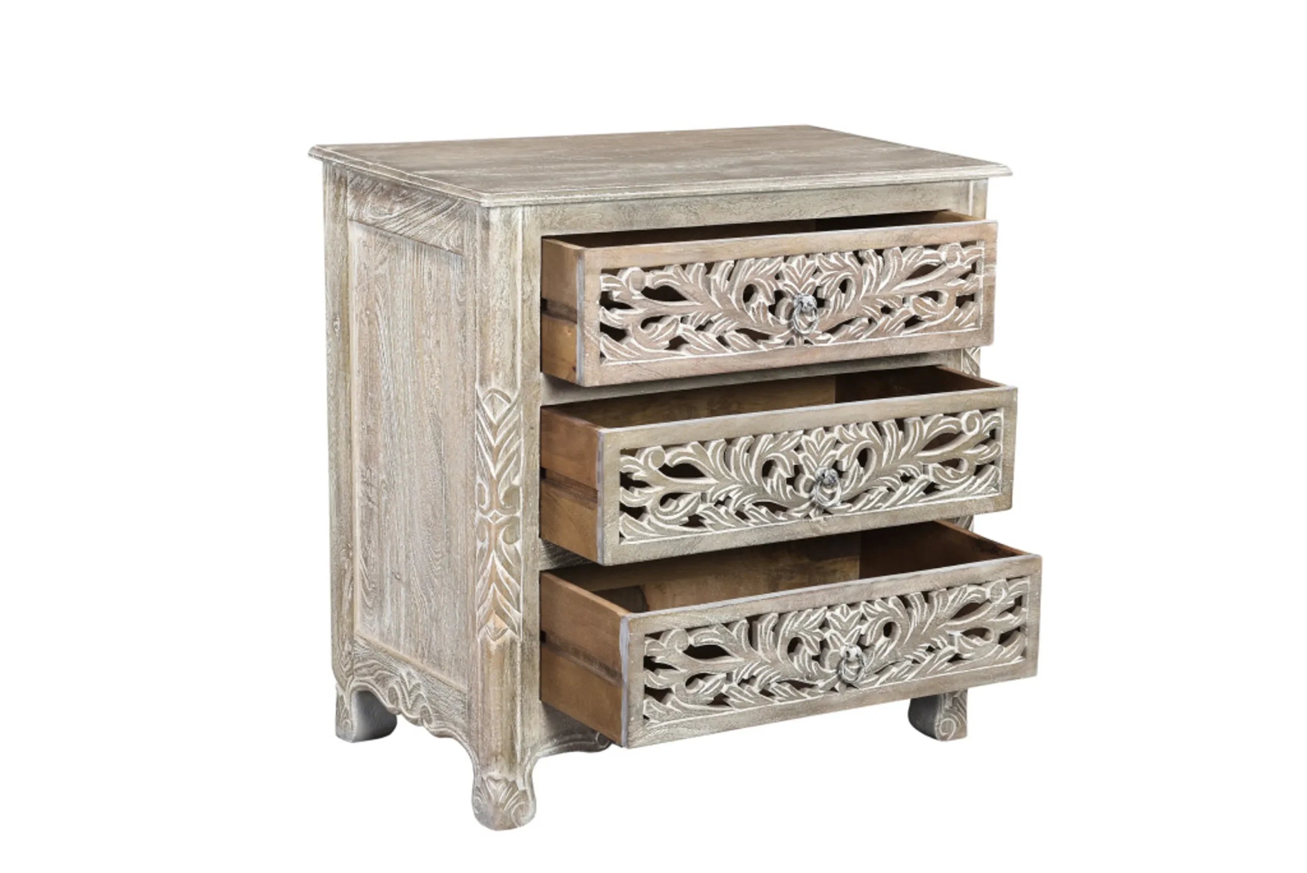 30″ Distressed Gray Three Drawer Floral Carved Solid Wood Nightstand — view 3