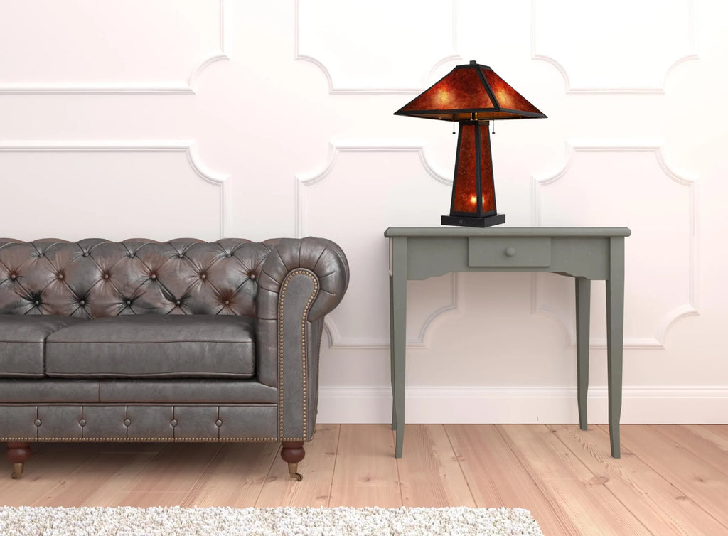 24″ Burnt Orange Metal Two Light Table Lamp With Amber Square Shade — view 2