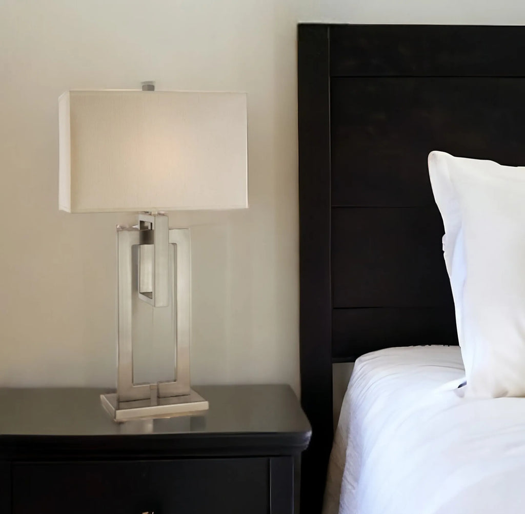 36″ Nickel Iron Geometric Table Lamp With Ivory Shade