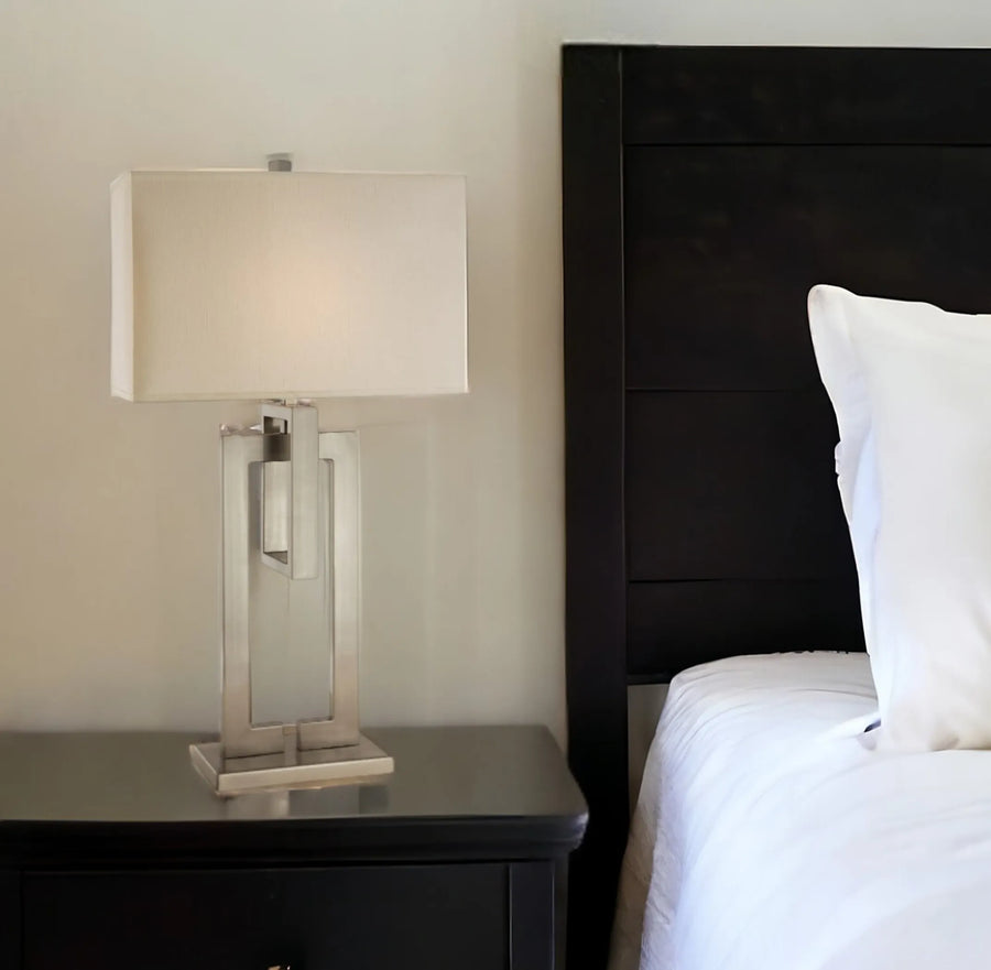36″ Nickel Iron Geometric Table Lamp With Ivory Shade