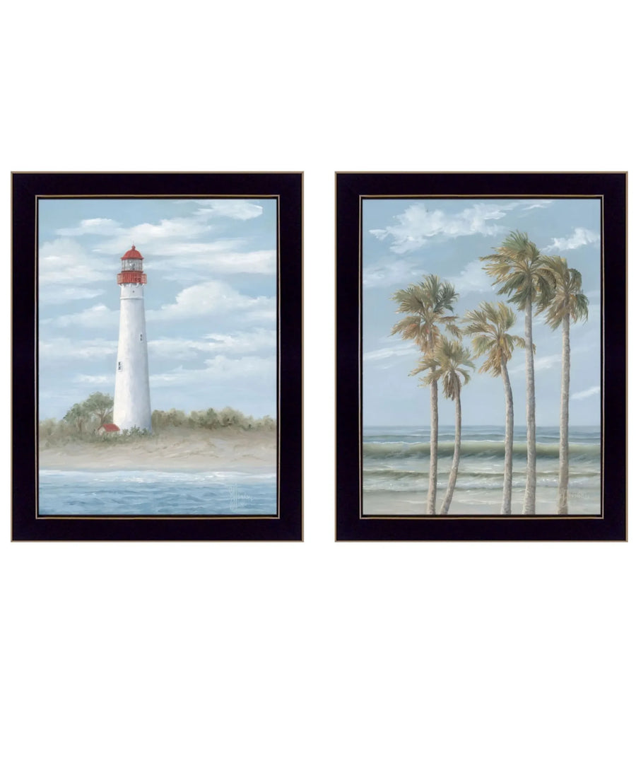 Set Of Two Cape May Lighthouse And Palm Trees Black Framed Wall Art — view 2