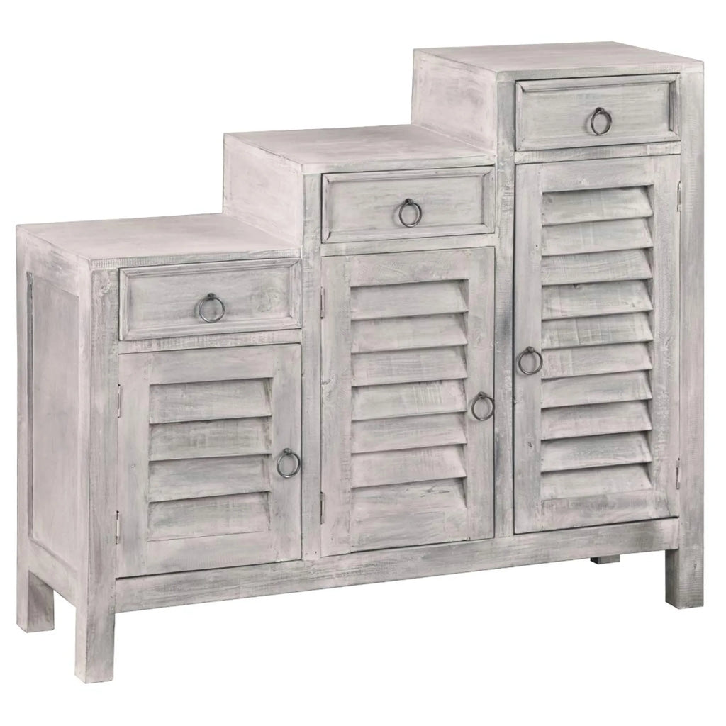 Sunset Trading Cottage Three Tiered Shutter Cabinet | Distressed Light Gray Solid Wood | Fully Assembled Accent Storage Shel…