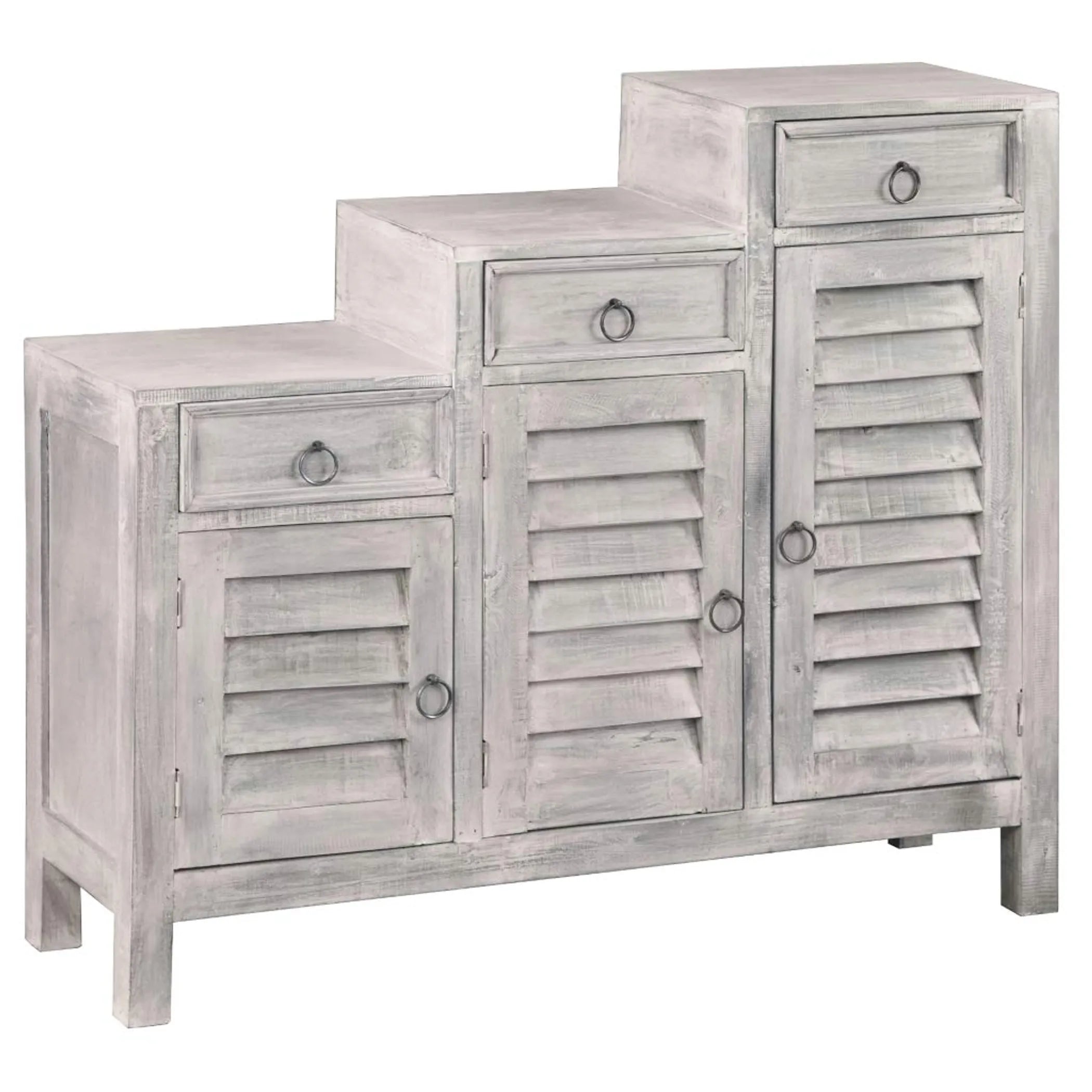 Sunset Trading Cottage Three Tiered Shutter Cabinet | Distressed Light Gray Solid Wood | Fully Assembled Accent Storage Shel…