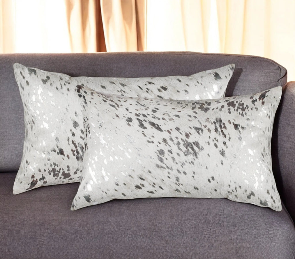 Set of Two 12″ X 20″ Gray and Silver Abstract Cowhide Lumbar Throw Pillows with Glitter — view 2