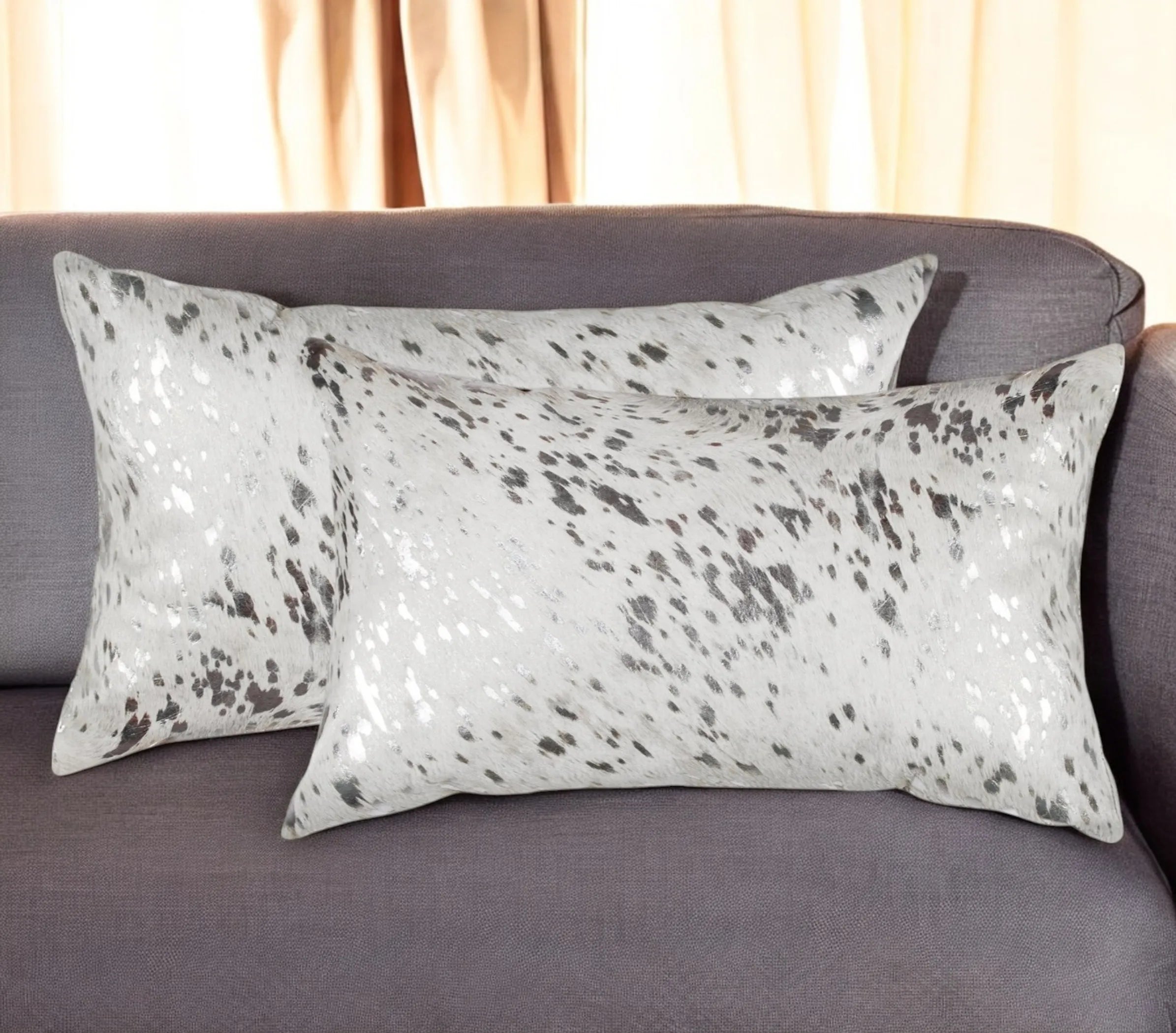 Set of Two 12″ X 20″ Gray and Silver Abstract Cowhide Lumbar Throw Pillows with Glitter — view 2