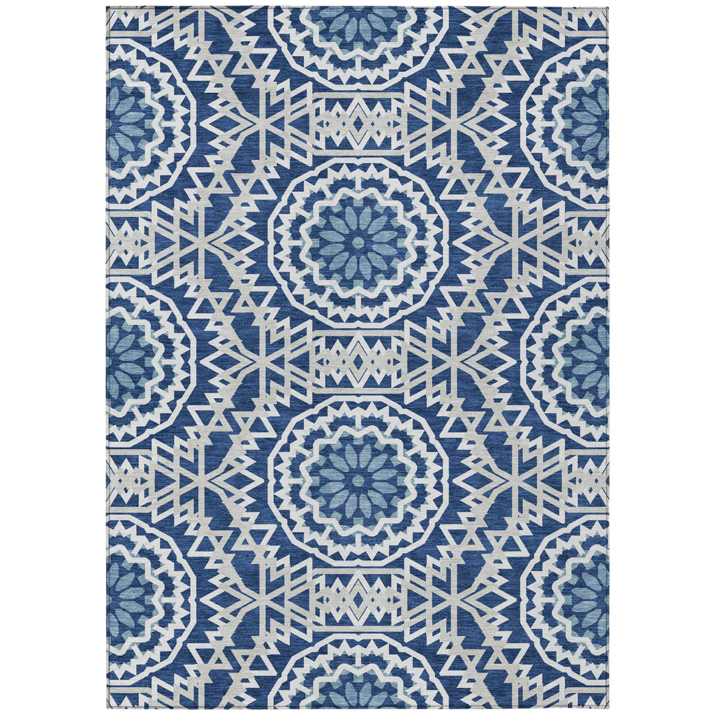 10′ X 14′ Navy Blue Ivory And Gray Floral Medallion Washable Indoor Outdoor Area Rug — view 2