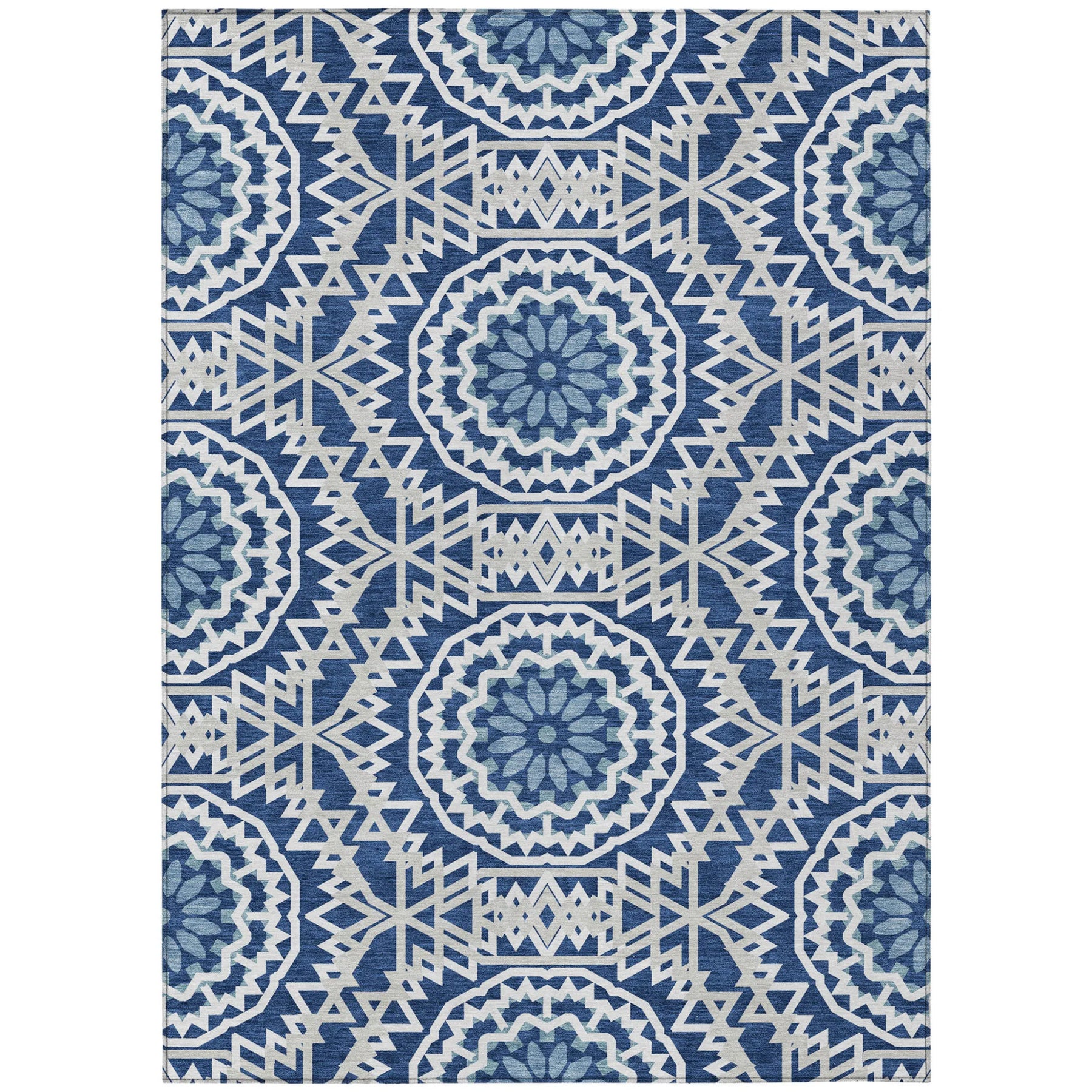 10′ X 14′ Navy Blue Ivory And Gray Floral Medallion Washable Indoor Outdoor Area Rug — view 2