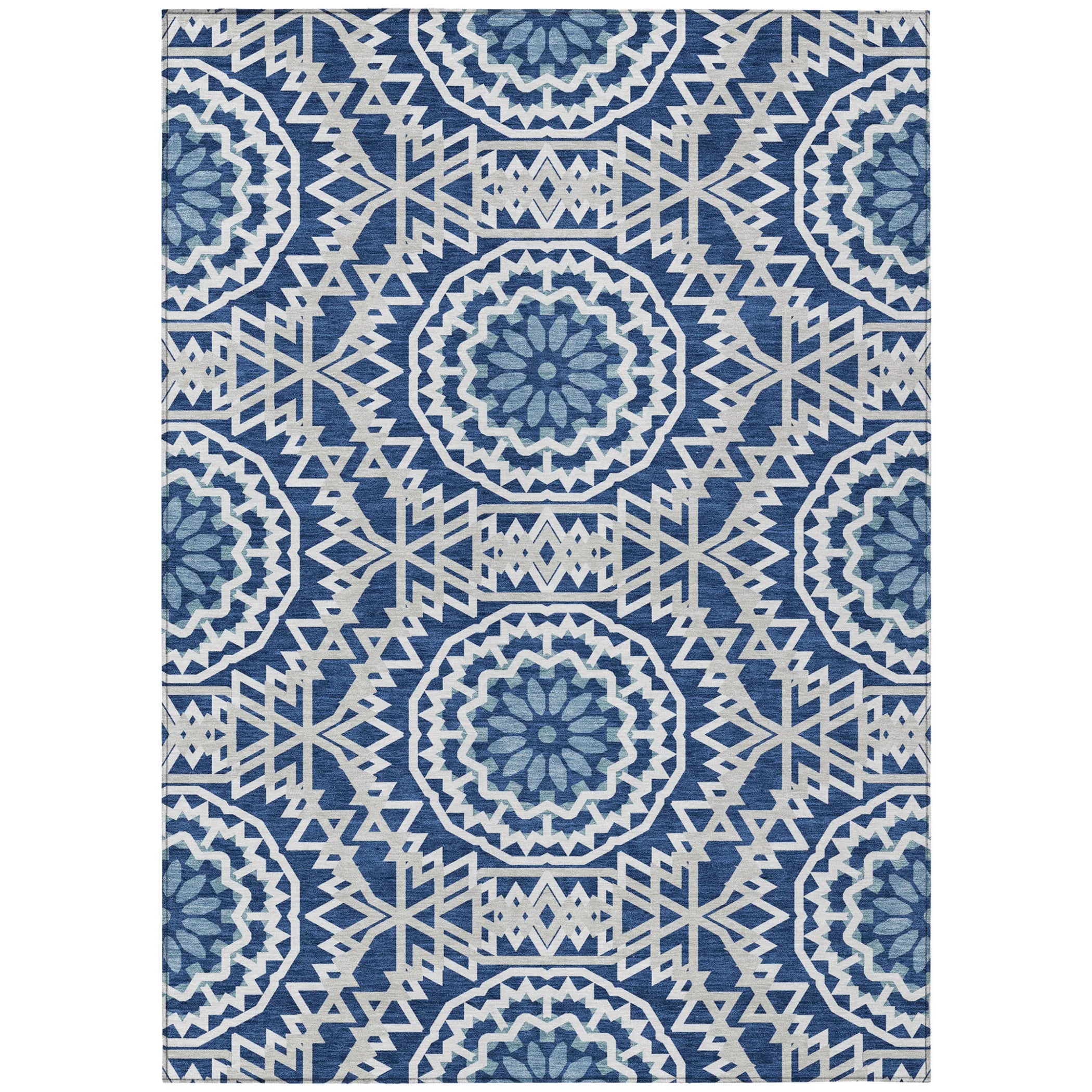 10′ X 14′ Navy Blue Ivory And Gray Floral Medallion Washable Indoor Outdoor Area Rug — view 2